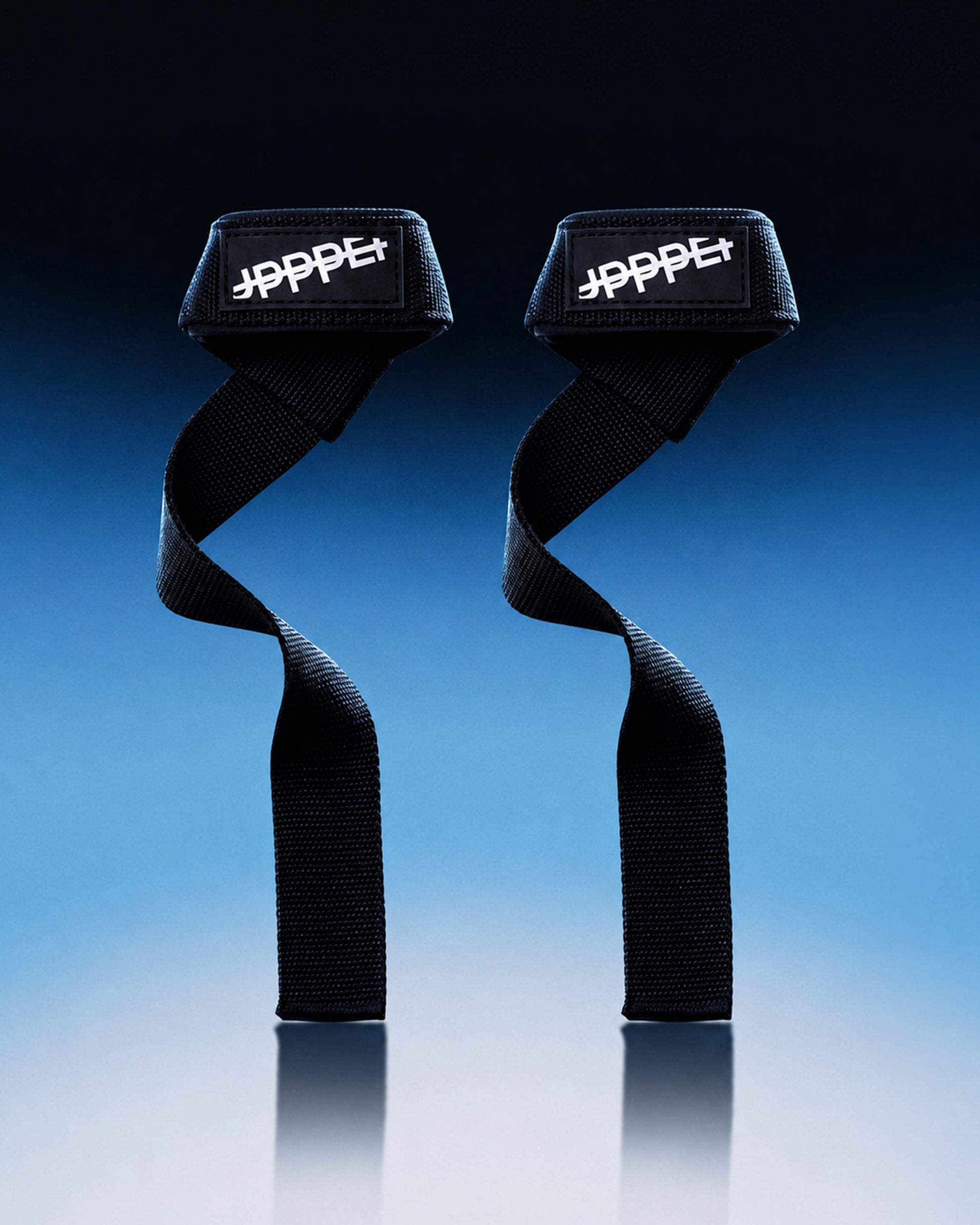 pair of black uppper lifting straps 2.0 on blue gradient background