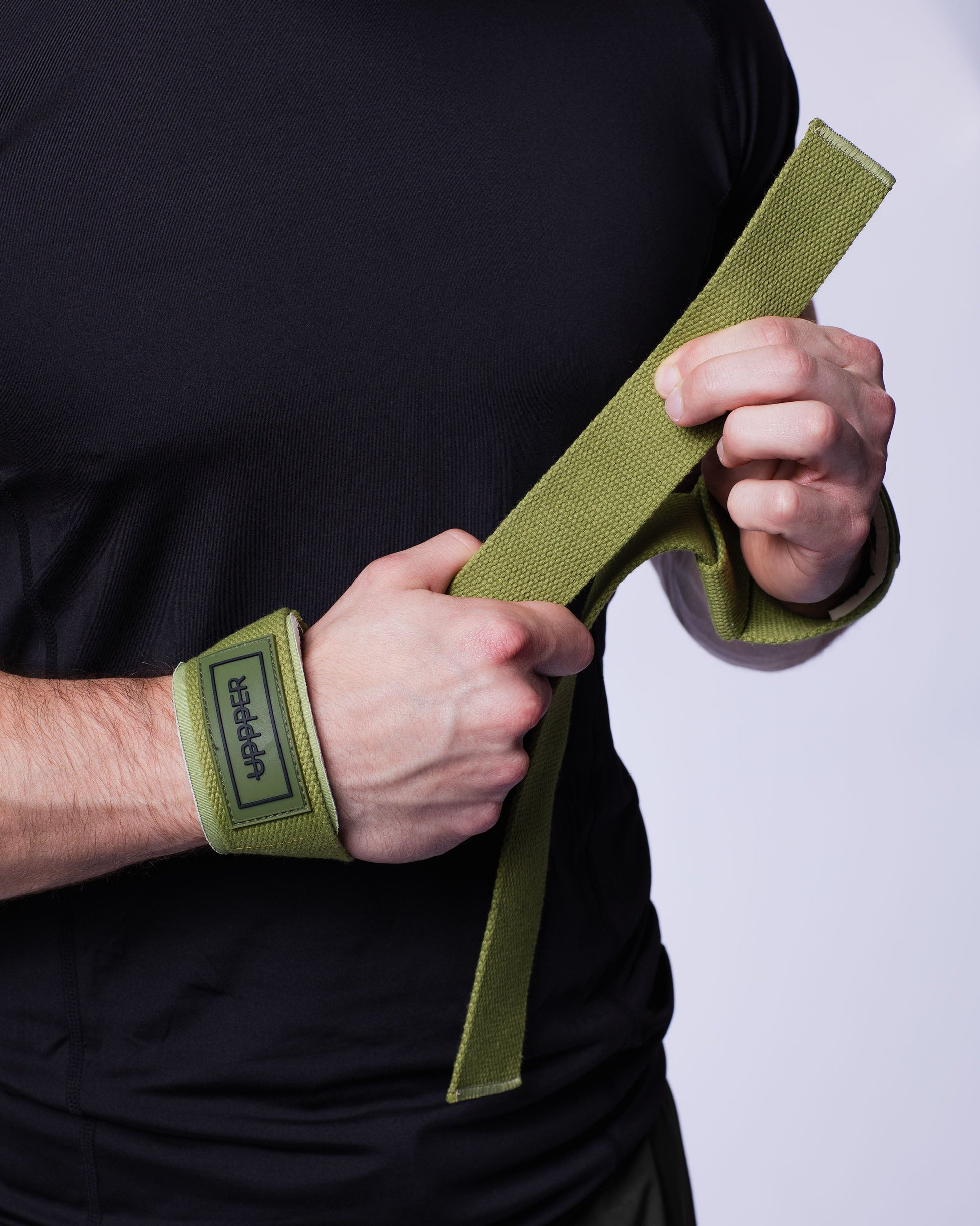 khaki uppper lifting straps looped showing strap length and texture