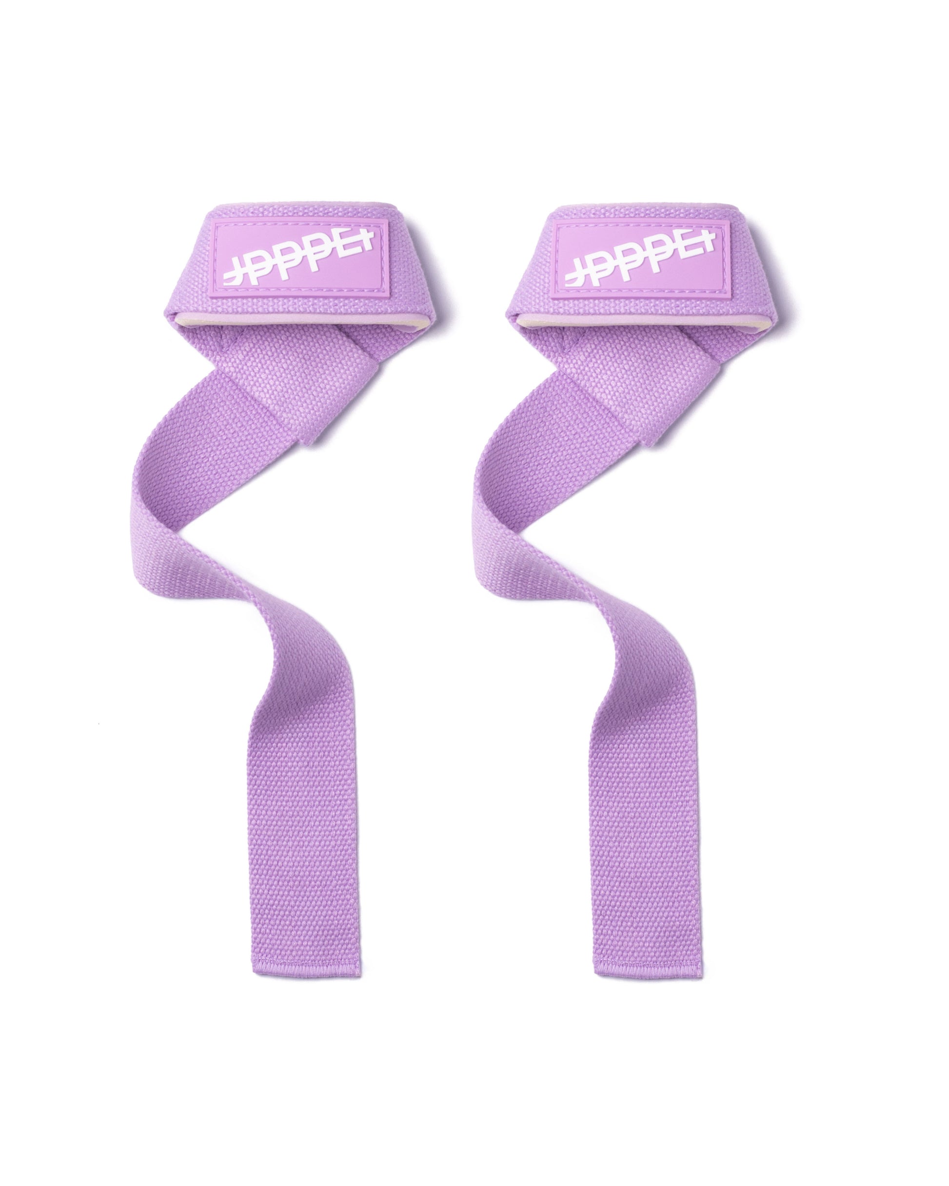 pair of lavender uppper lifting straps 2.0 standing upright on white background
