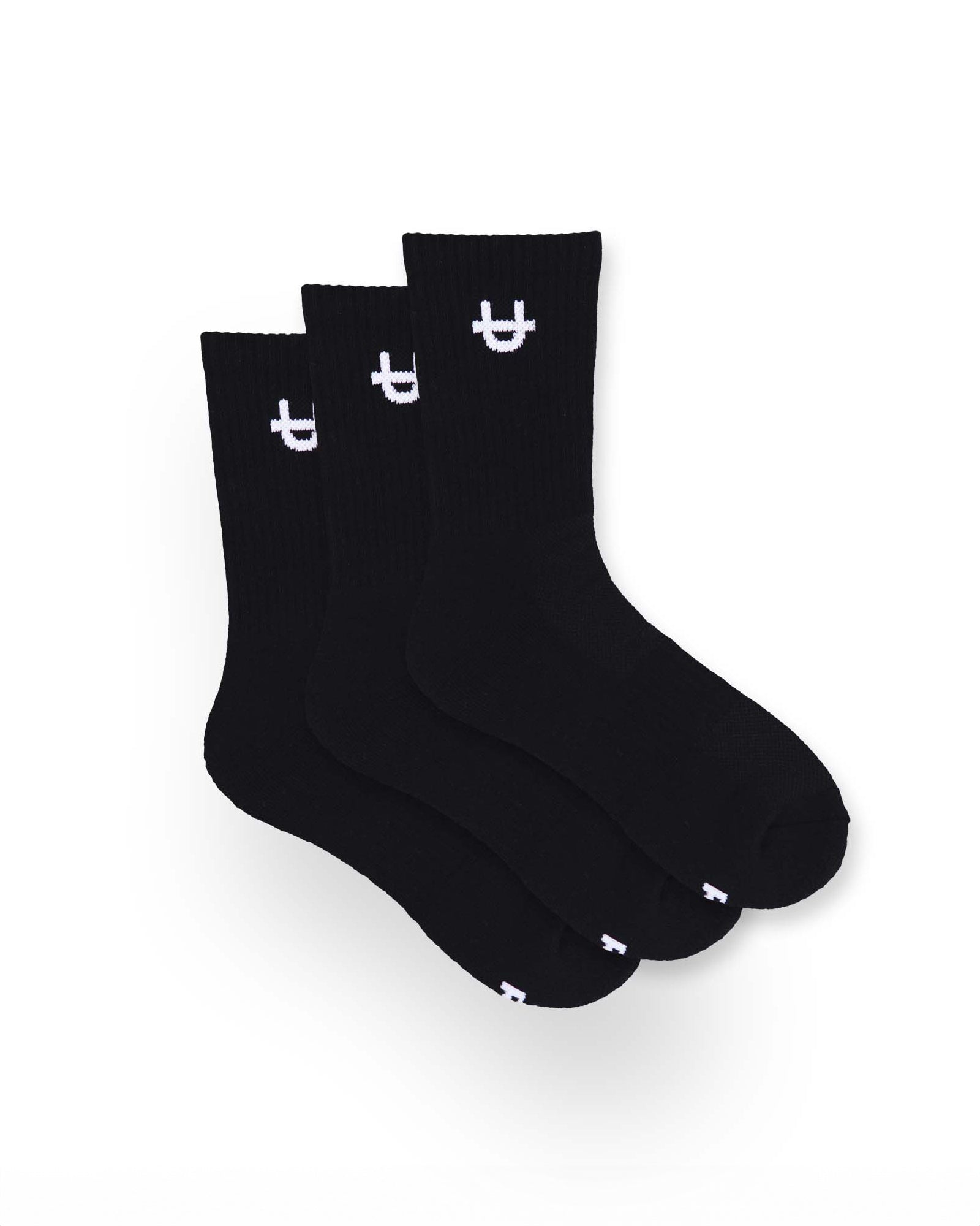 black uppper crew socks stacked showing ribbed cuff with u logo