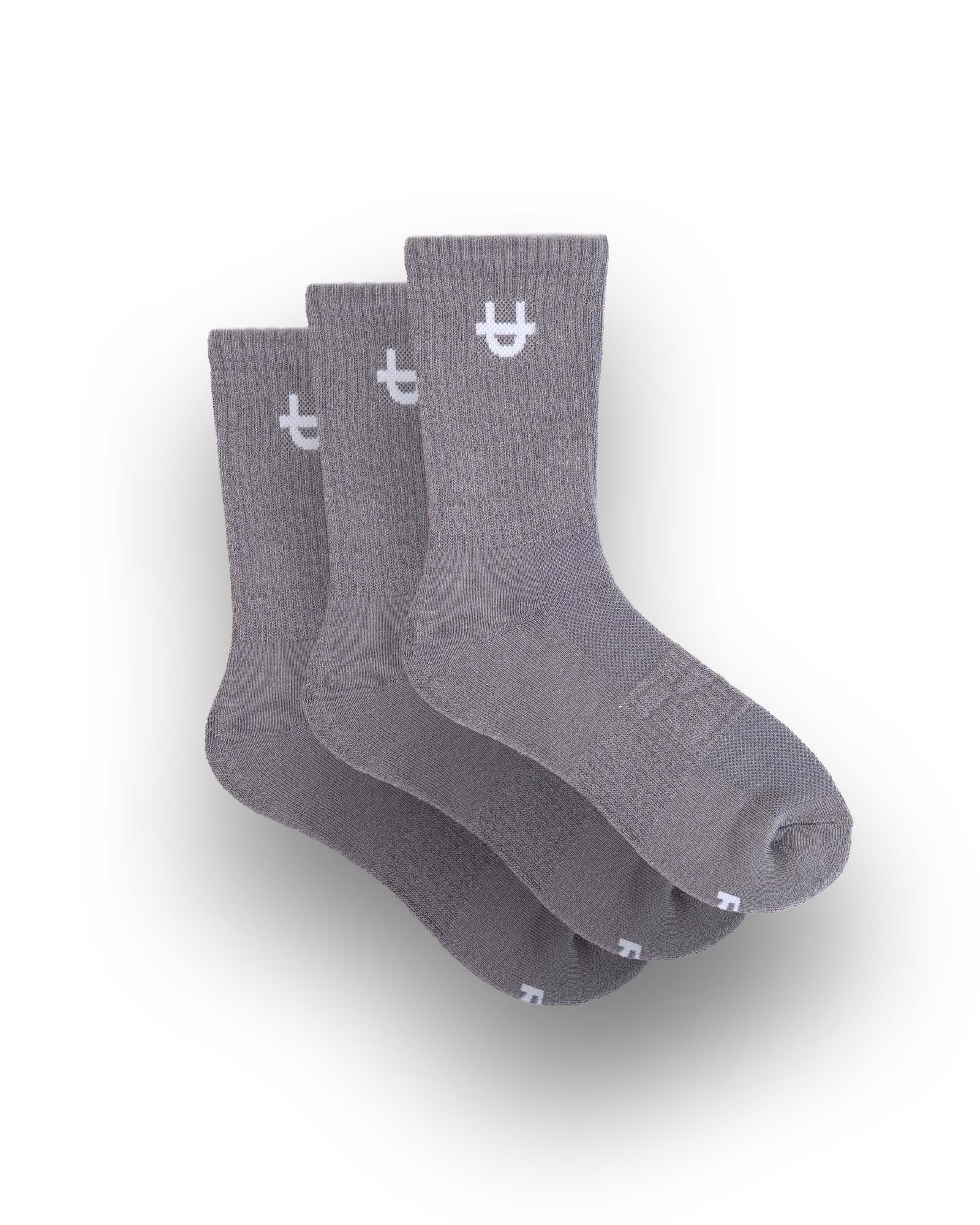 grey uppper crew socks stacked showing ribbed cuff with u logo