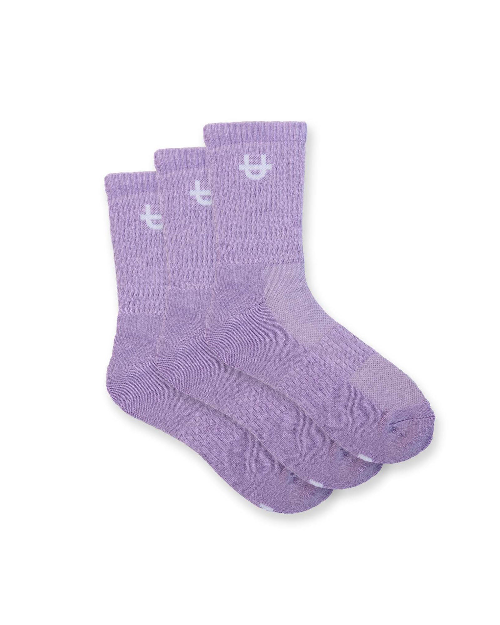 lavender uppper crew socks stacked showing ribbed cuff with u logo