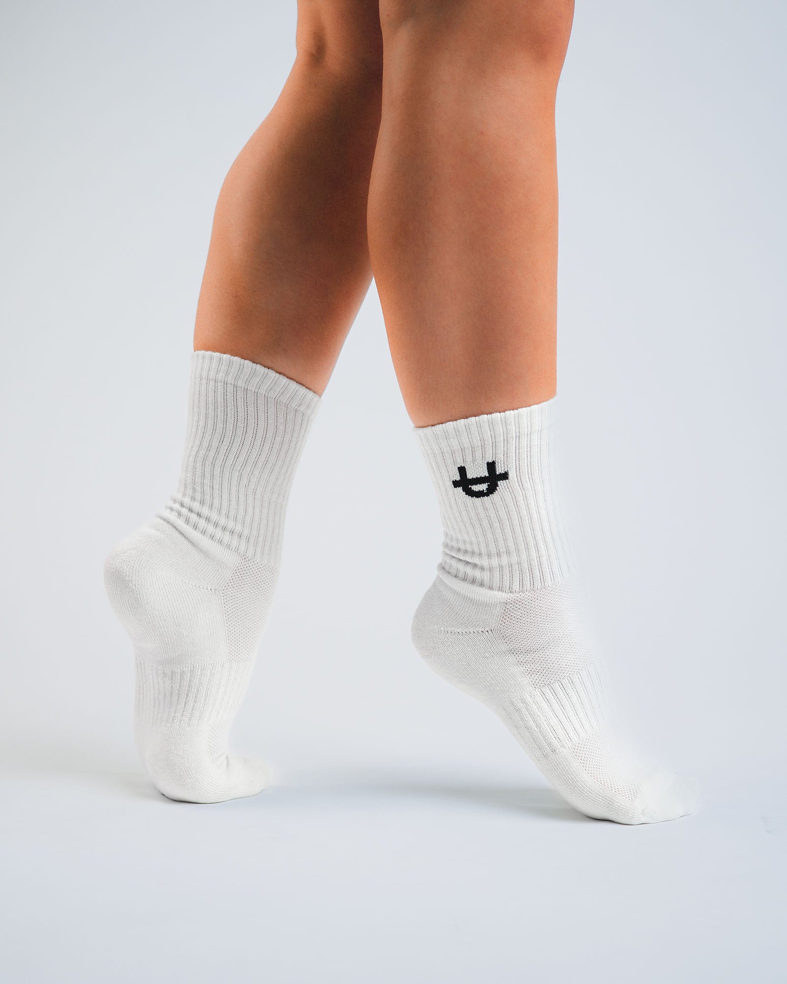 off-white uppper crew socks on model feet detail view
