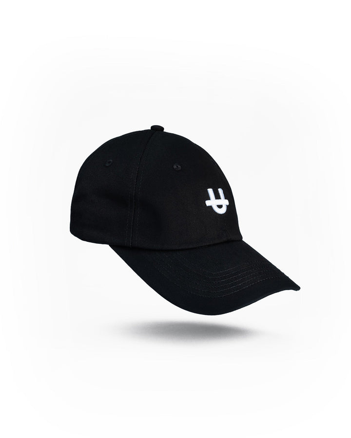black uppper dad cap with embroidered u logo on front panel side view on white background