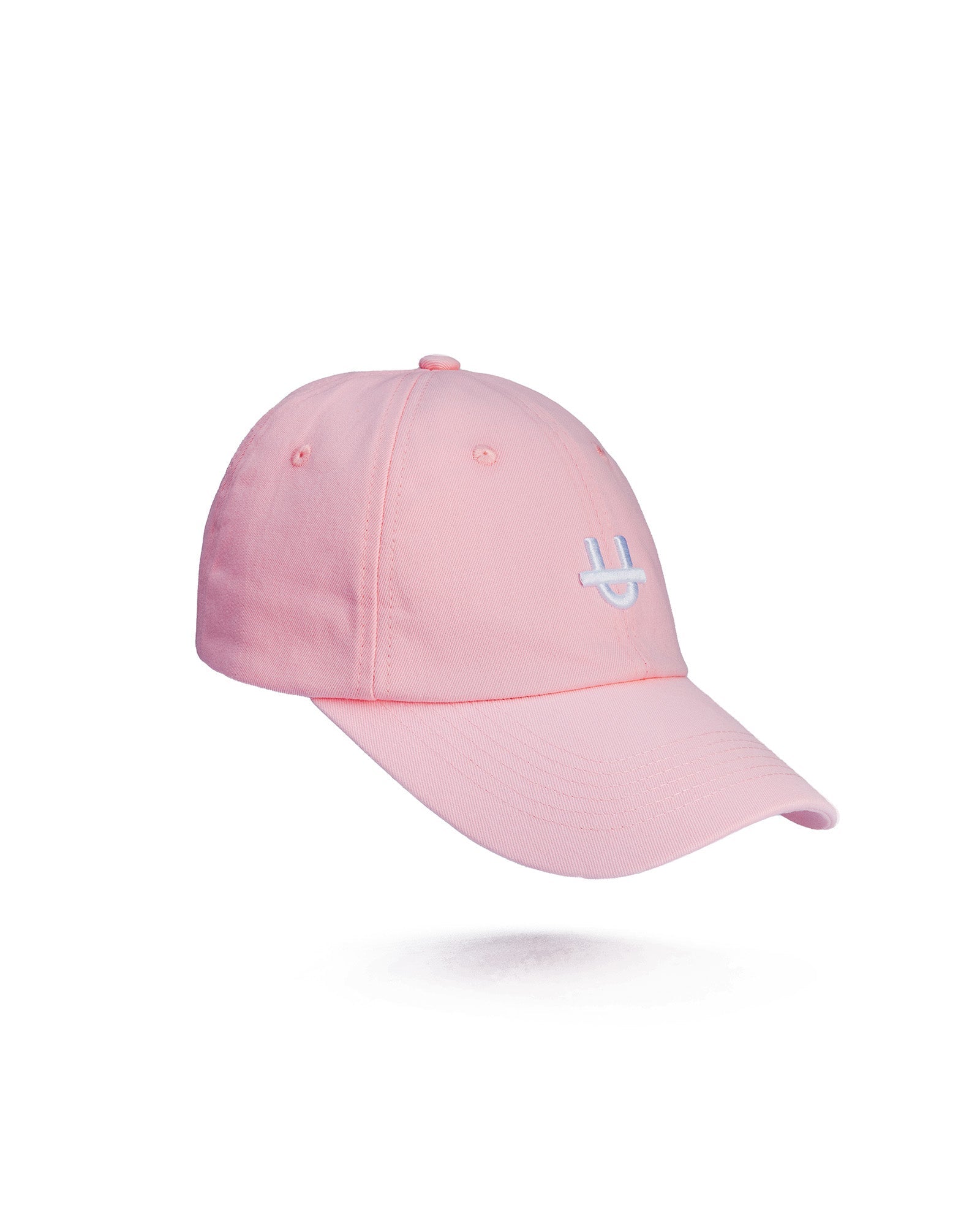 pink uppper dad cap with embroidered u logo on front panel side view on white background