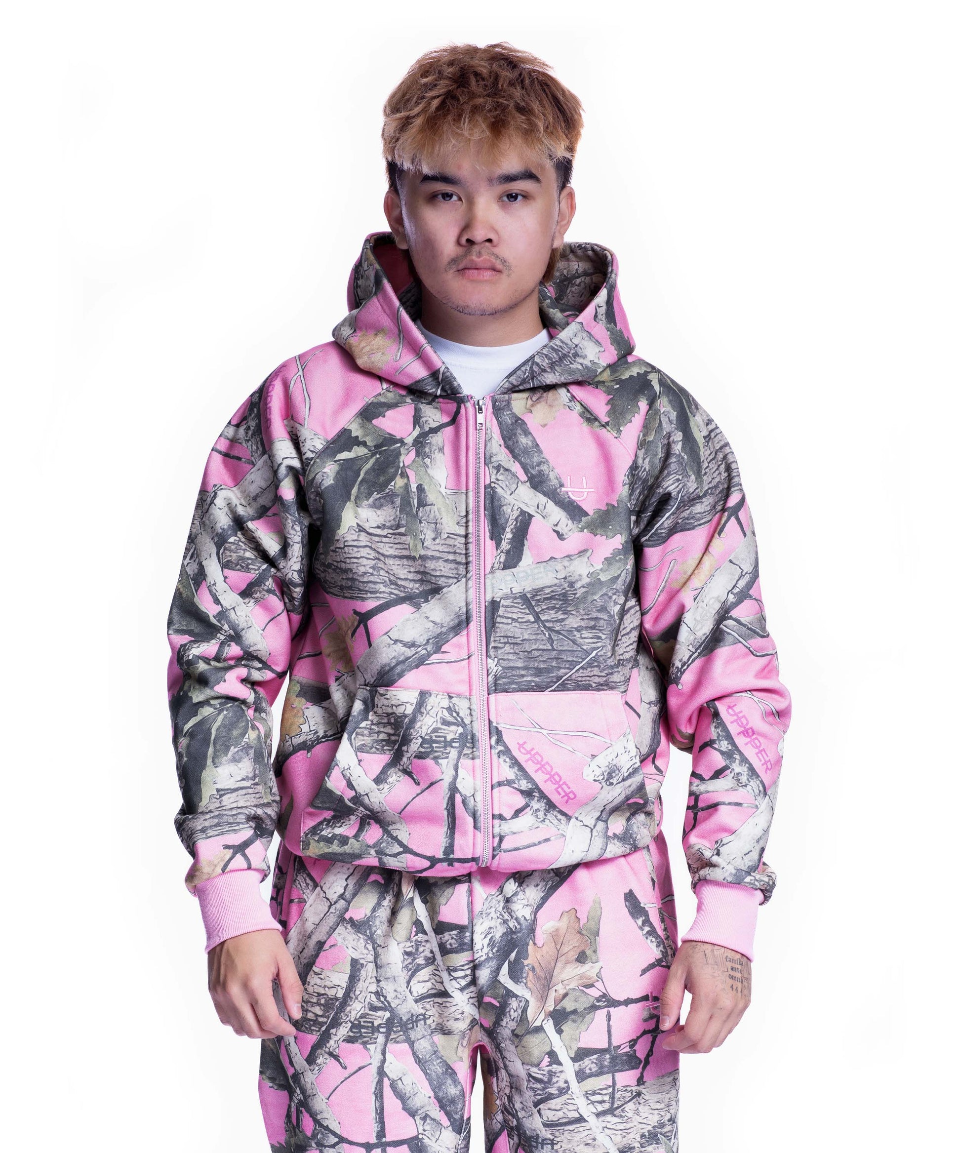 front of pink camo uppper double zip hoodie mens on white background