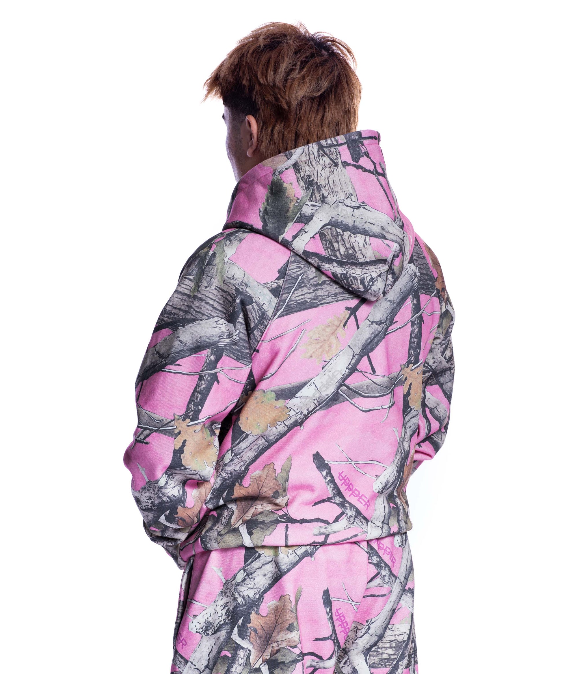 back of pink camo uppper double zip hoodie mens on white background