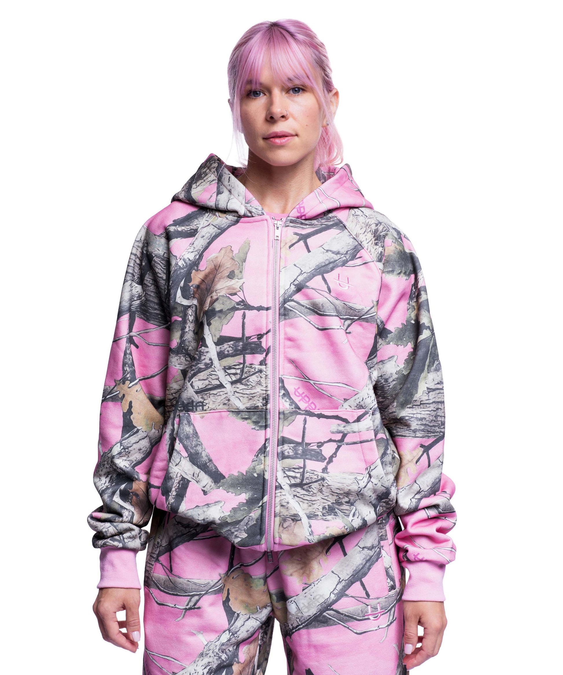 front of pink camo uppper double zip hoodie womens on white background