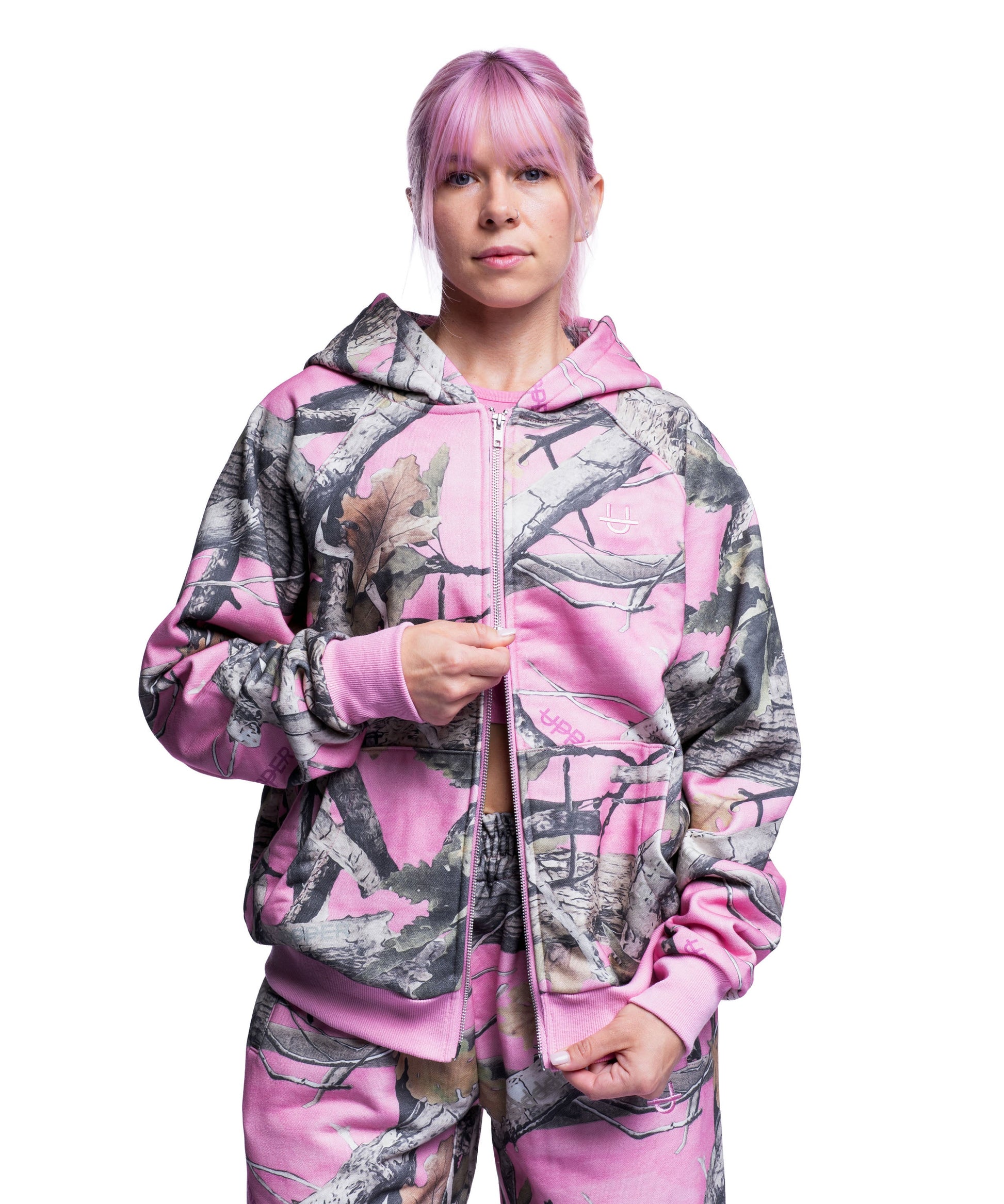 back of pink camo uppper double zip hoodie womens on white background