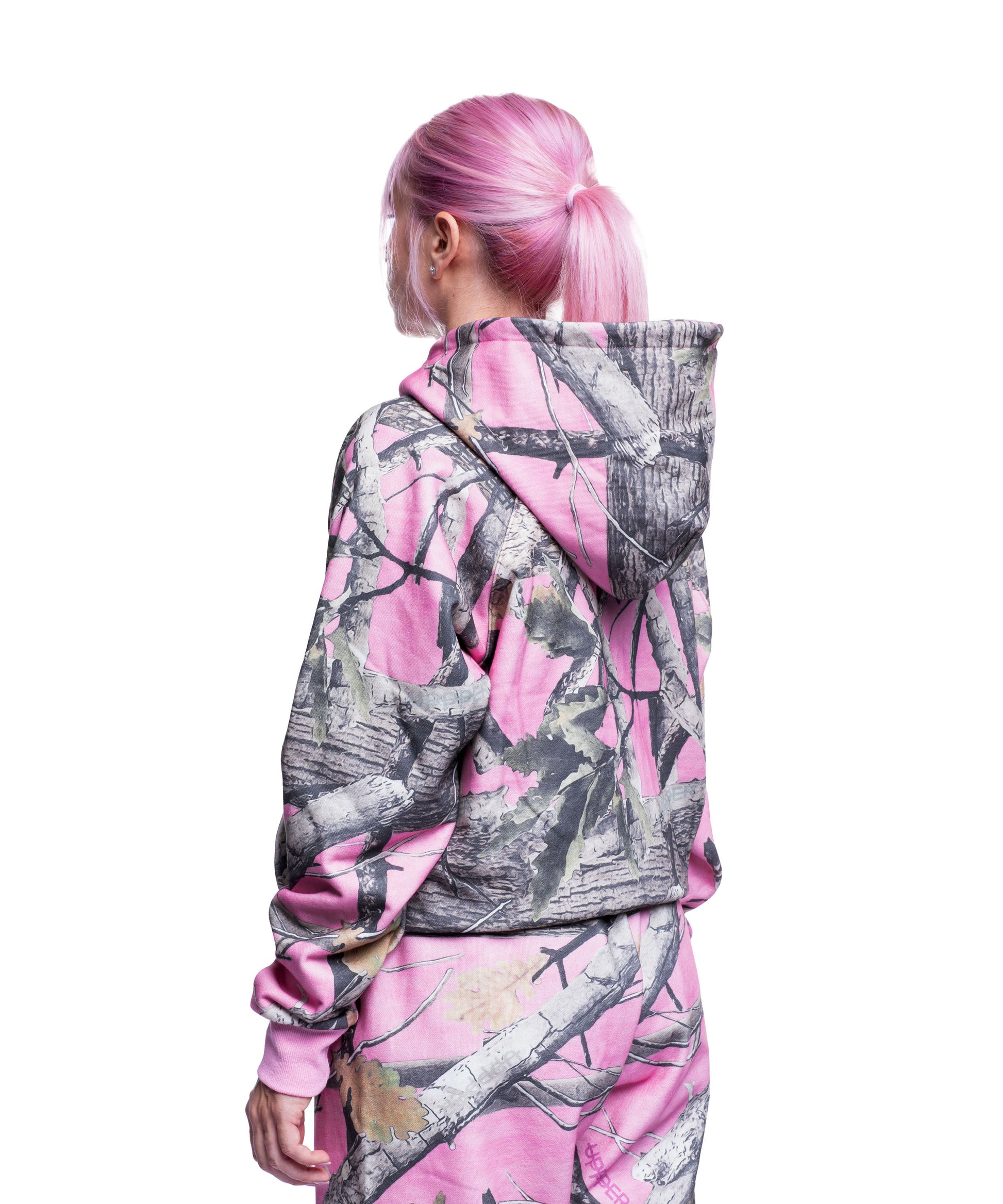 model wearing pink camo uppper double zip hoodie womens