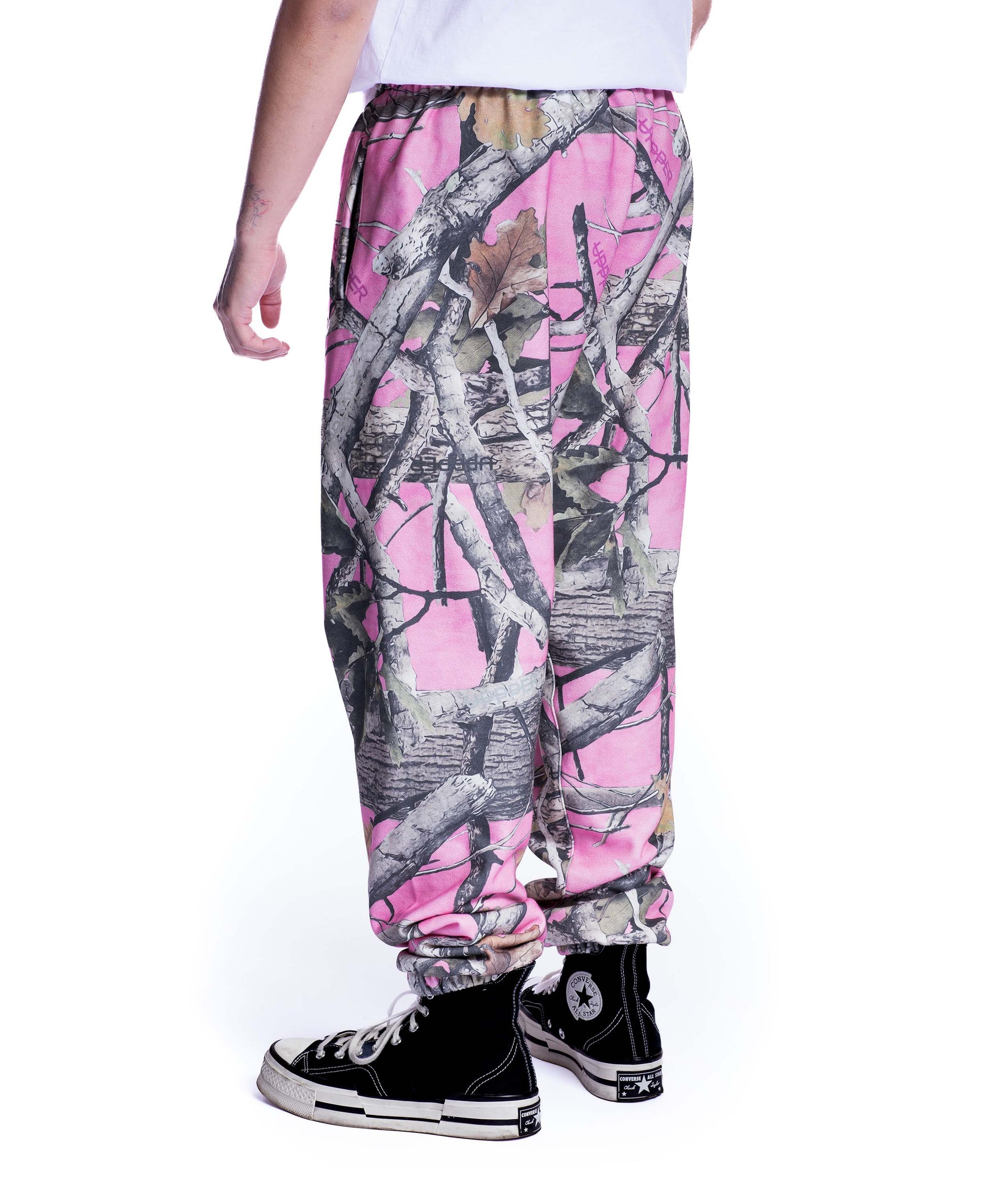 pink camo uppper sweatpants mens back view on white background