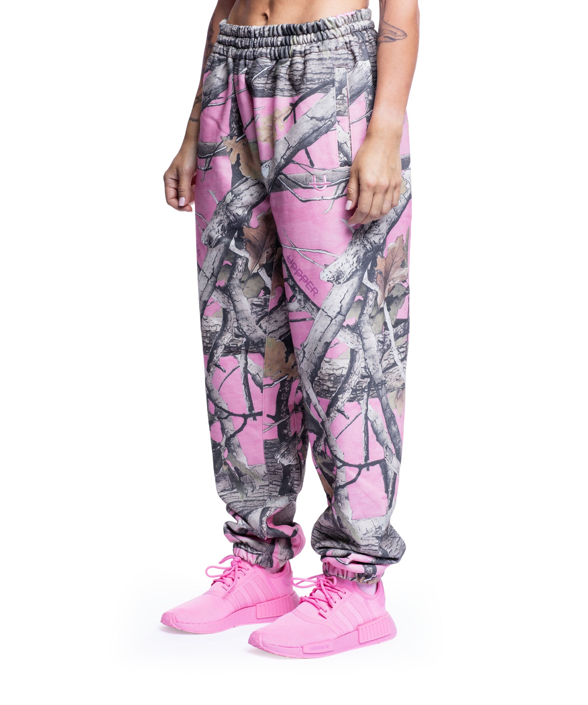 pink camo uppper sweatpants womens back view on white background