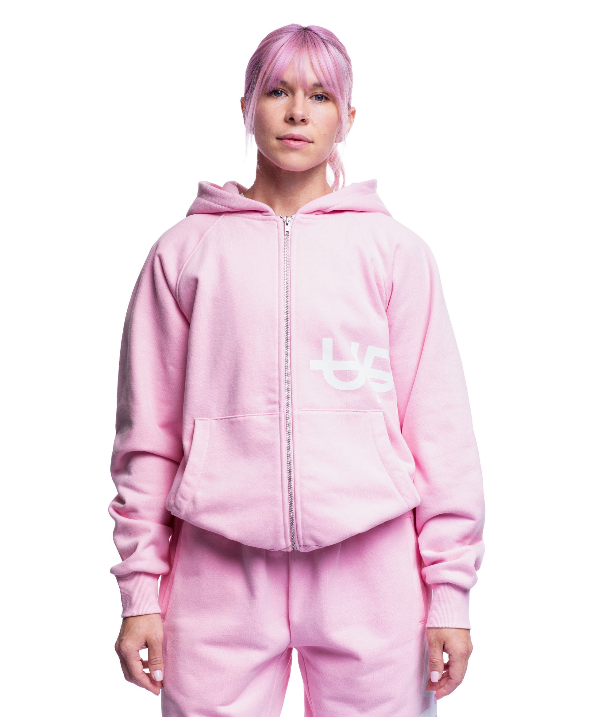 front of pink uppper double zip hoodie womens on white background
