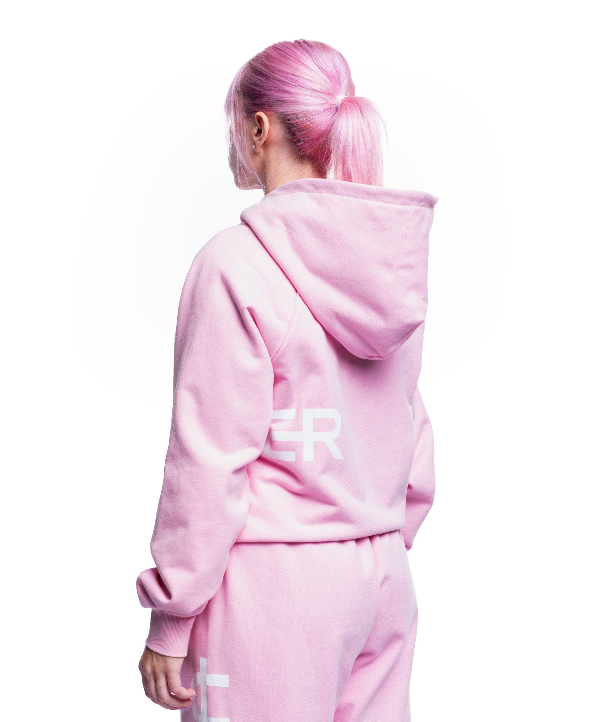 model wearing pink uppper double zip hoodie womens