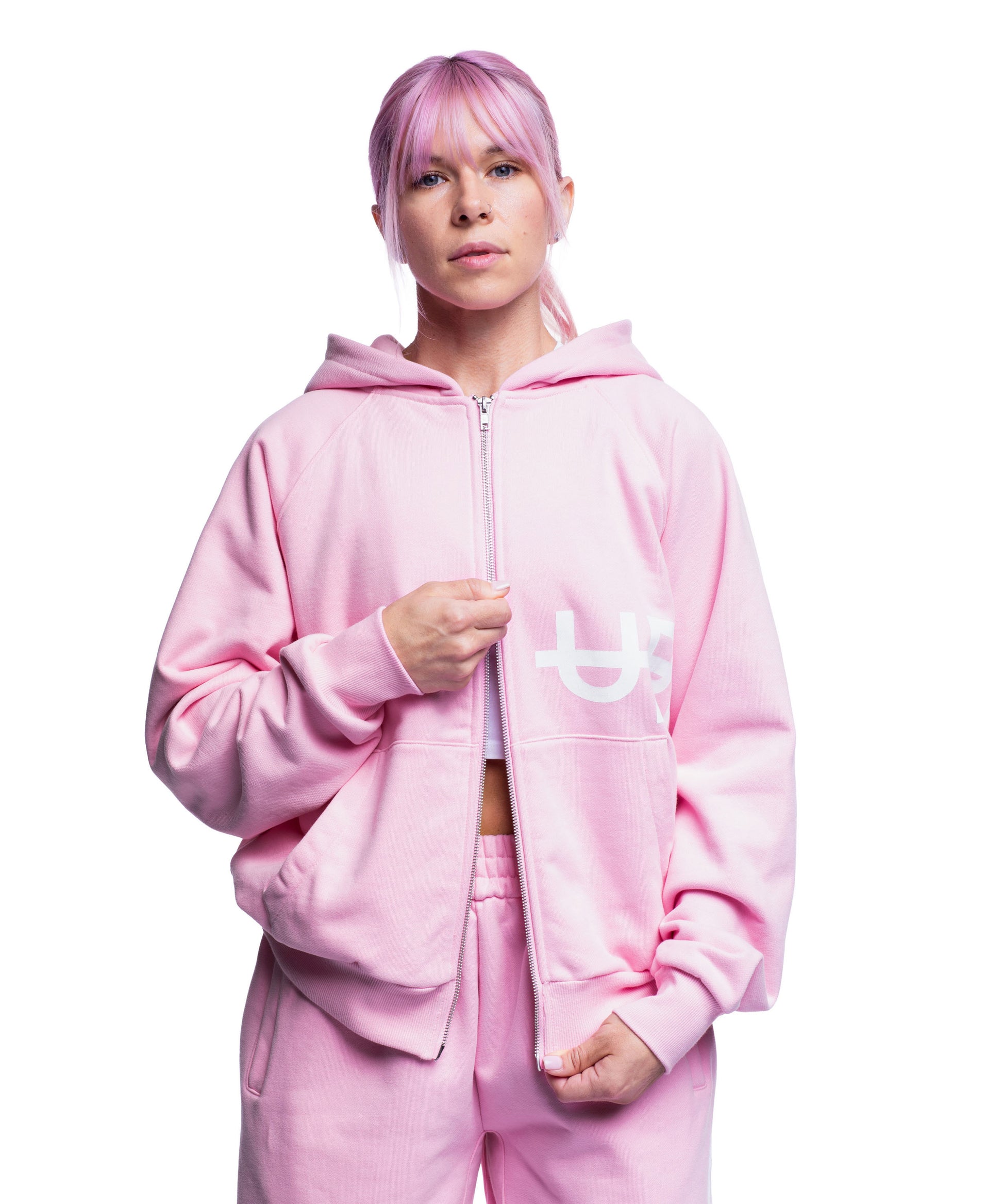 back of pink uppper double zip hoodie womens on white background