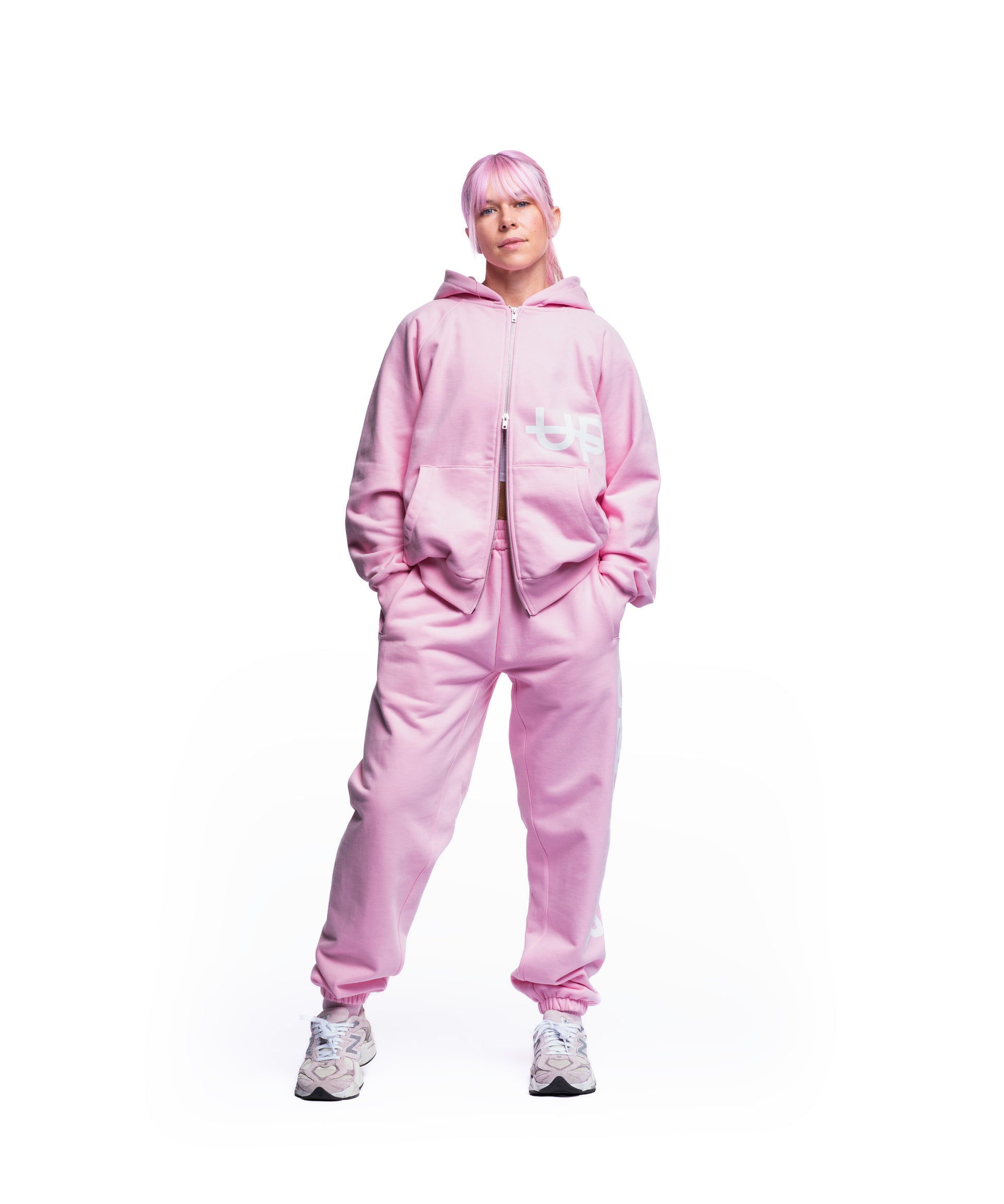 womens pink uppper sweatsuit with side logo
