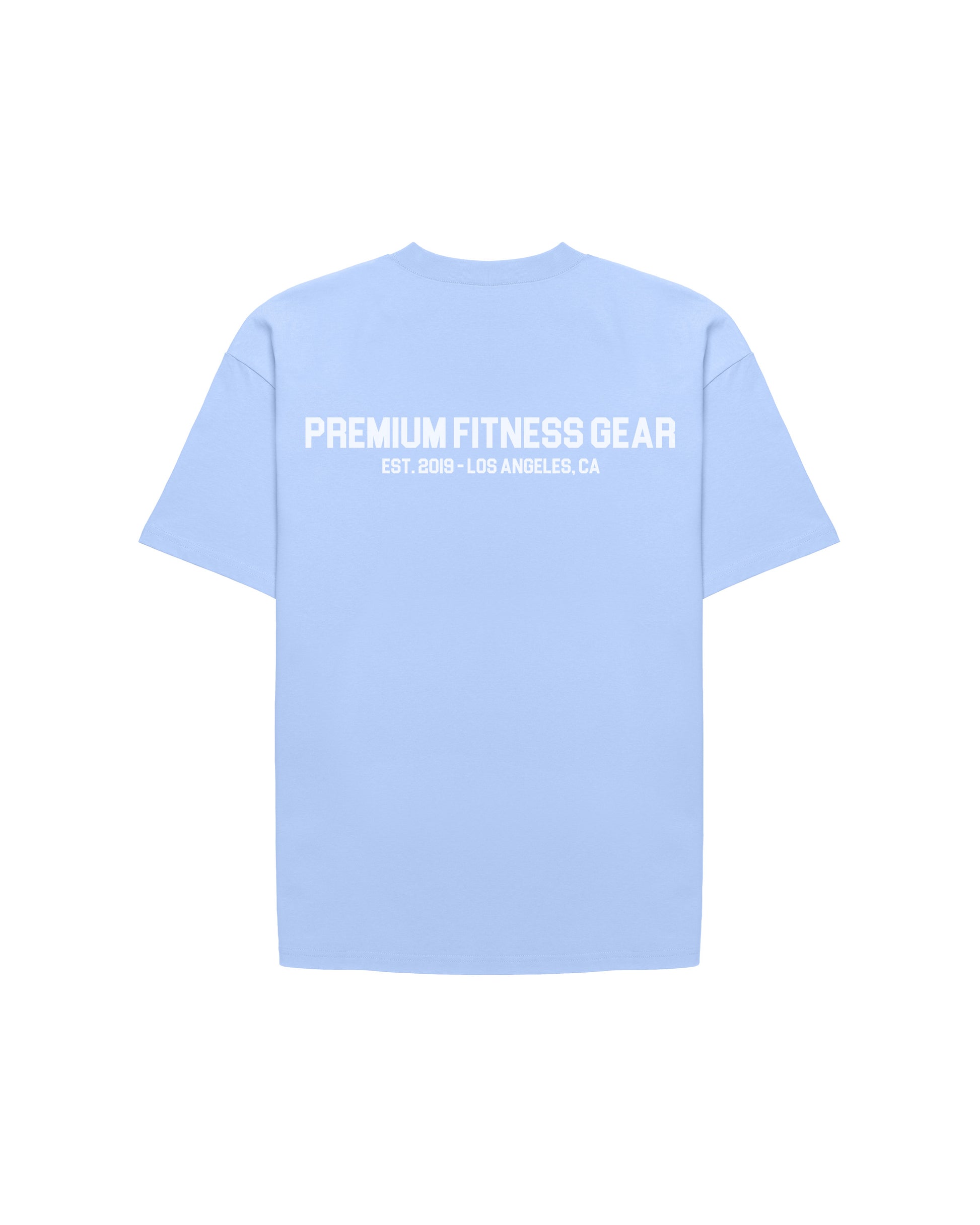 back of baby blue uppper t-shirt with premium fitness gear logo on white background
