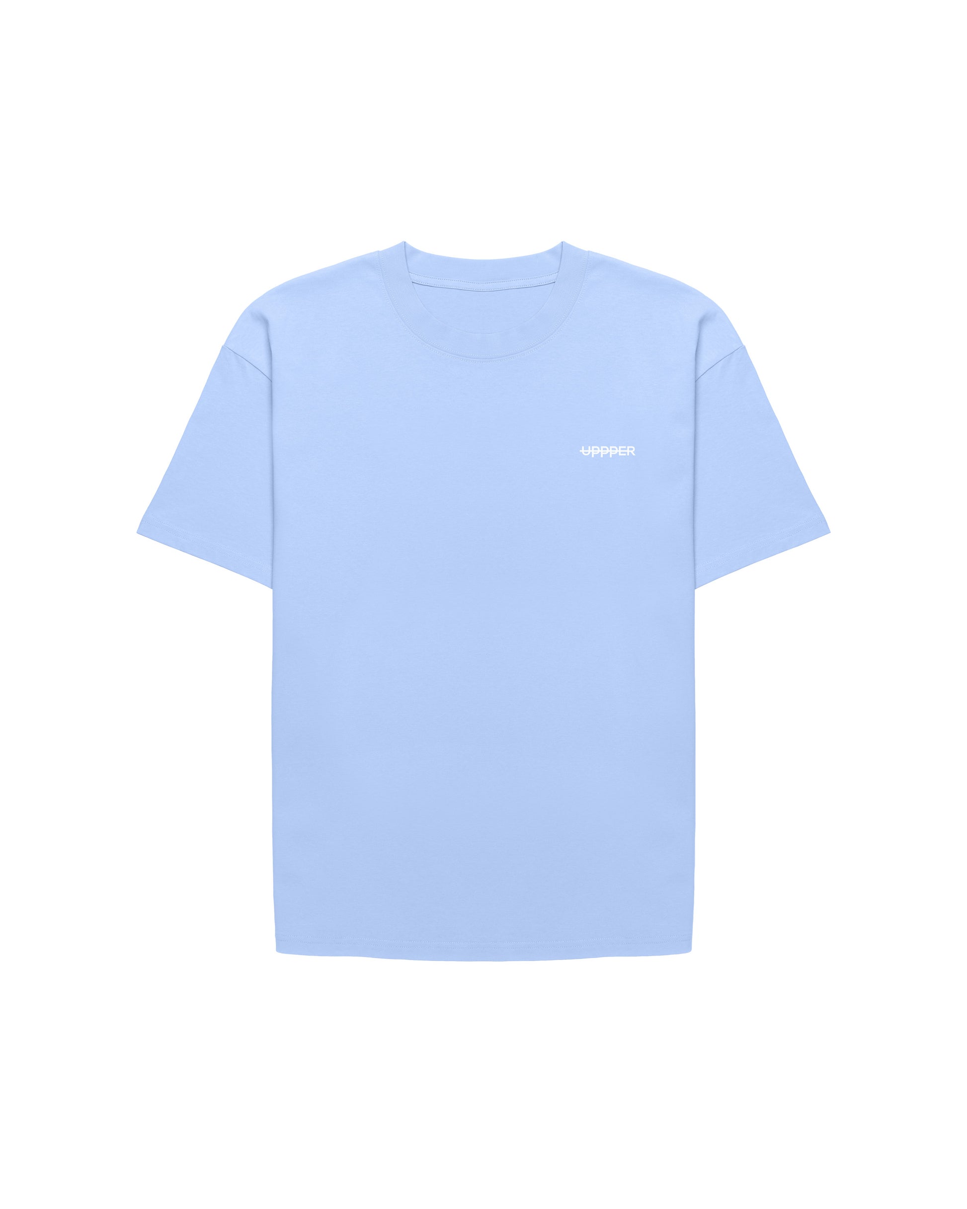front of baby blue premium fitnes gear t-shirt with small uppper logo on chest on white background