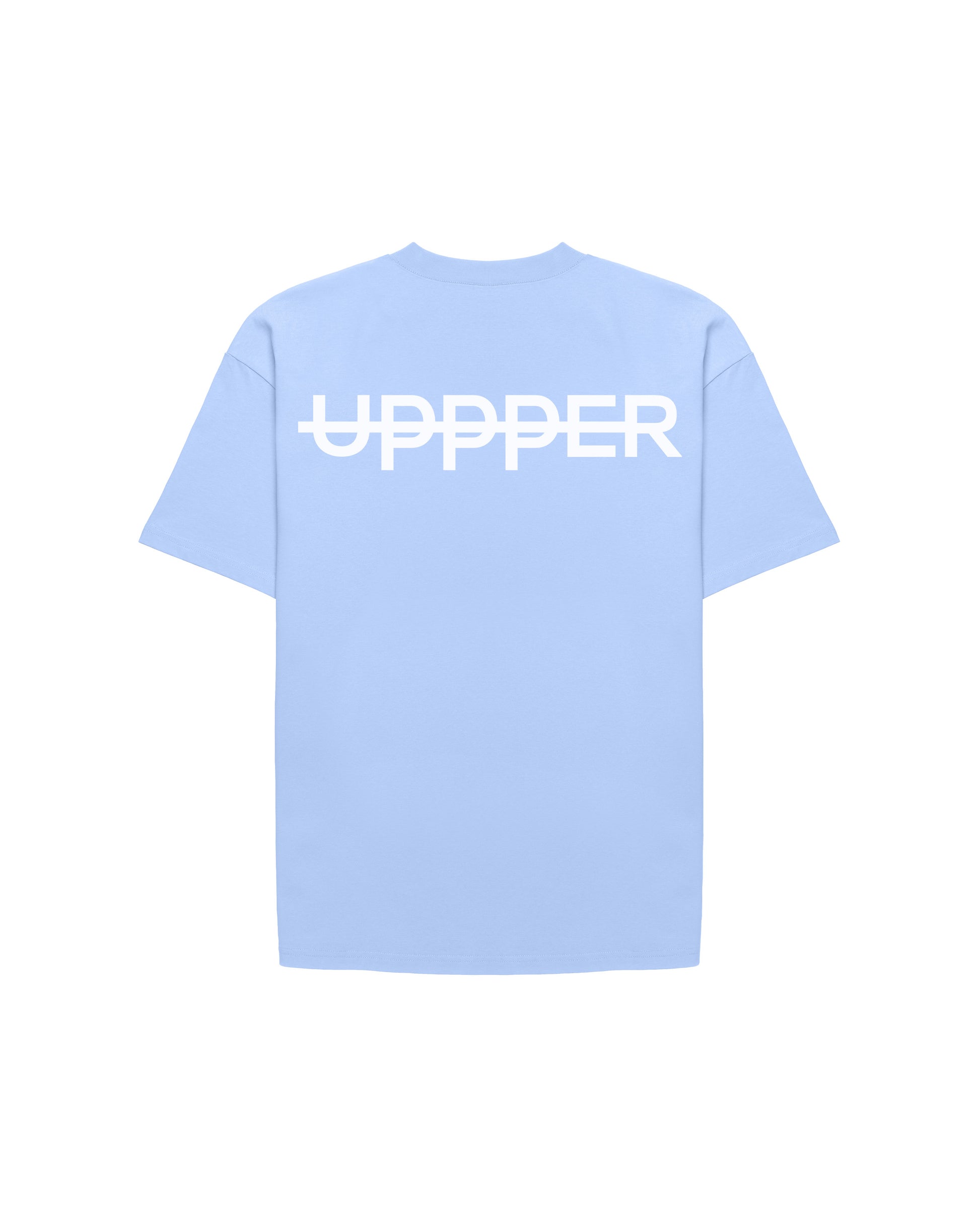 back of baby blue core t-shirt with bold white uppper logo across the shoulders on white background