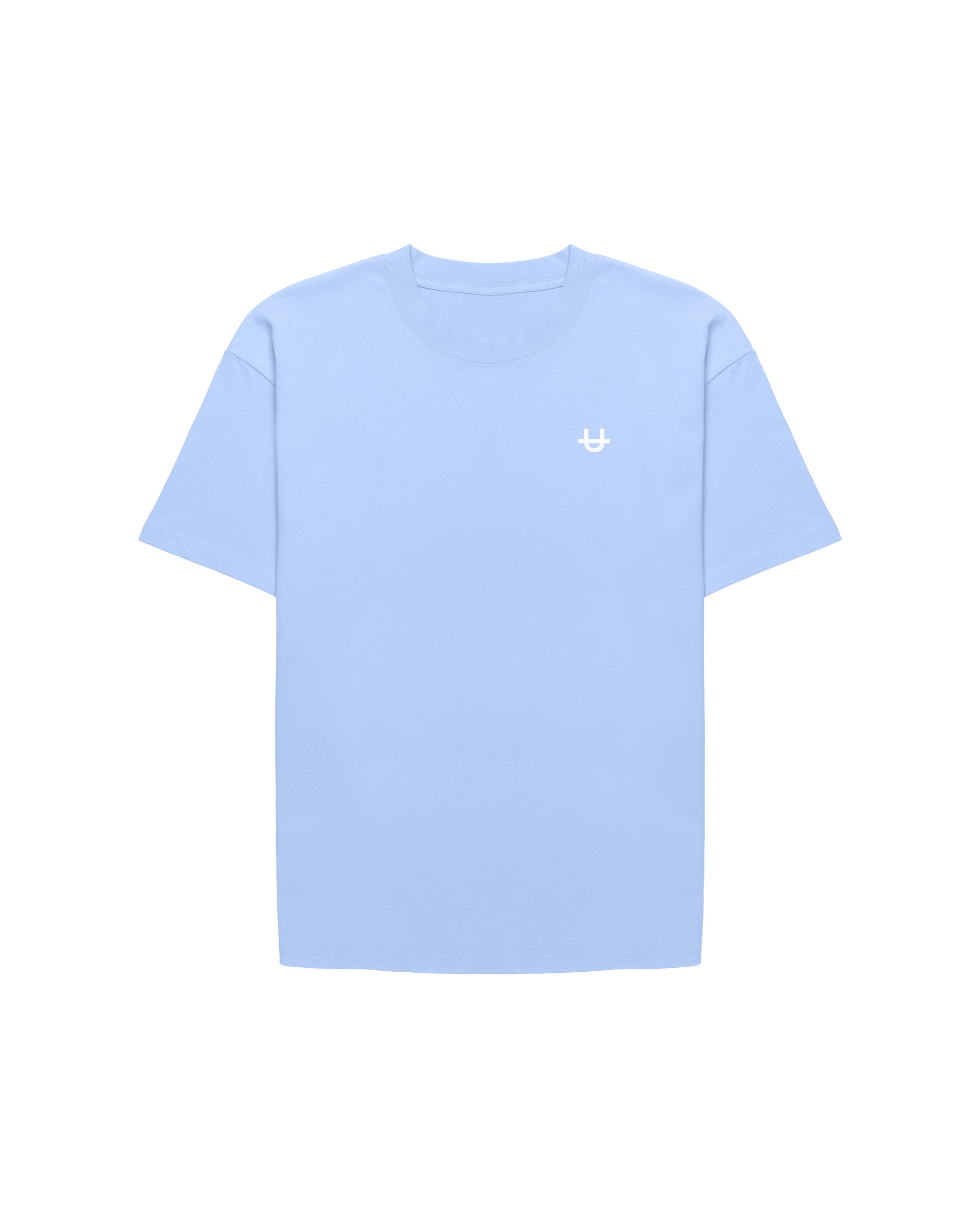 front of baby blue core t-shirt with white uppper u logo on chest on white background