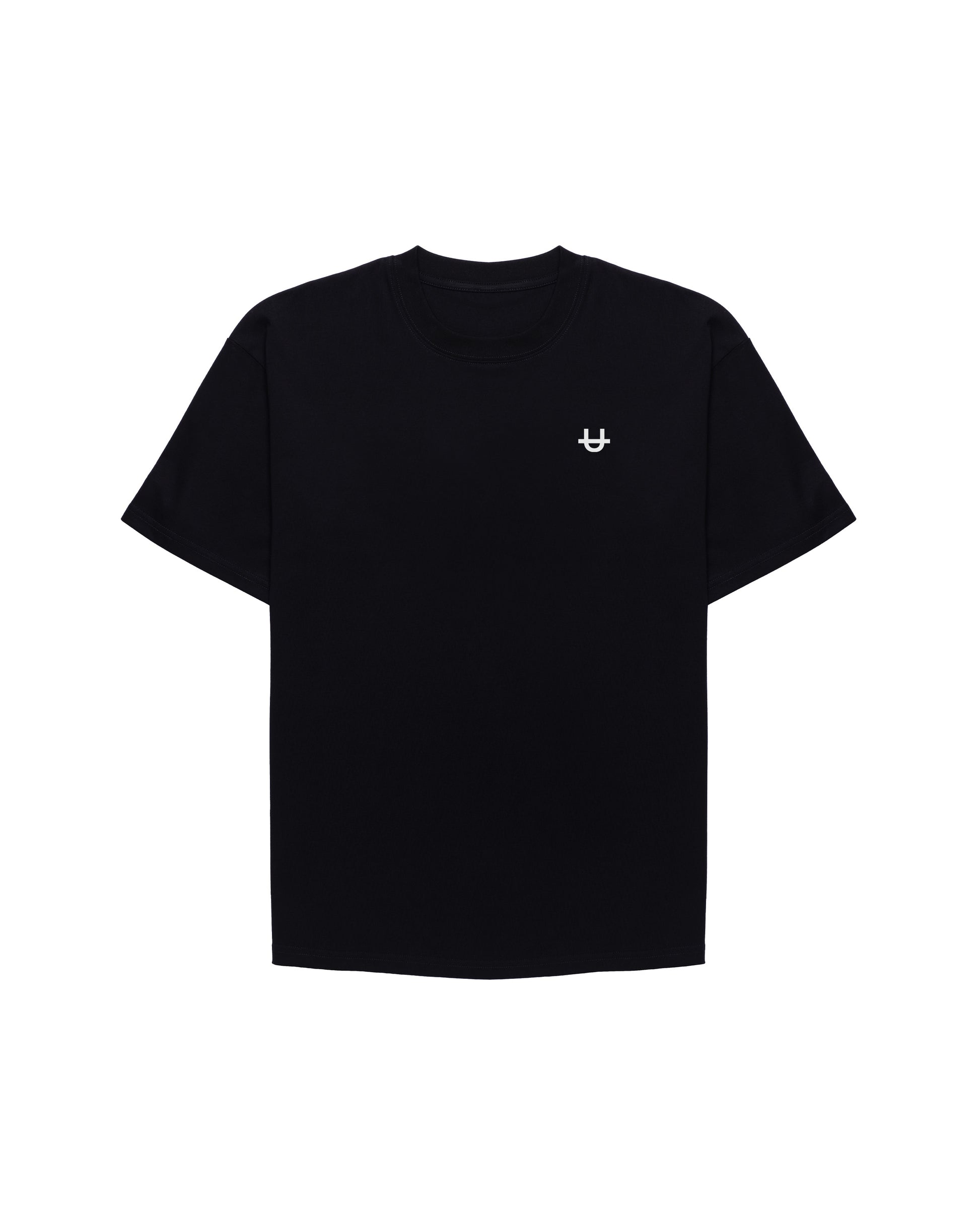 front of uppper balck core t-shirt with white u logo on chest on white background