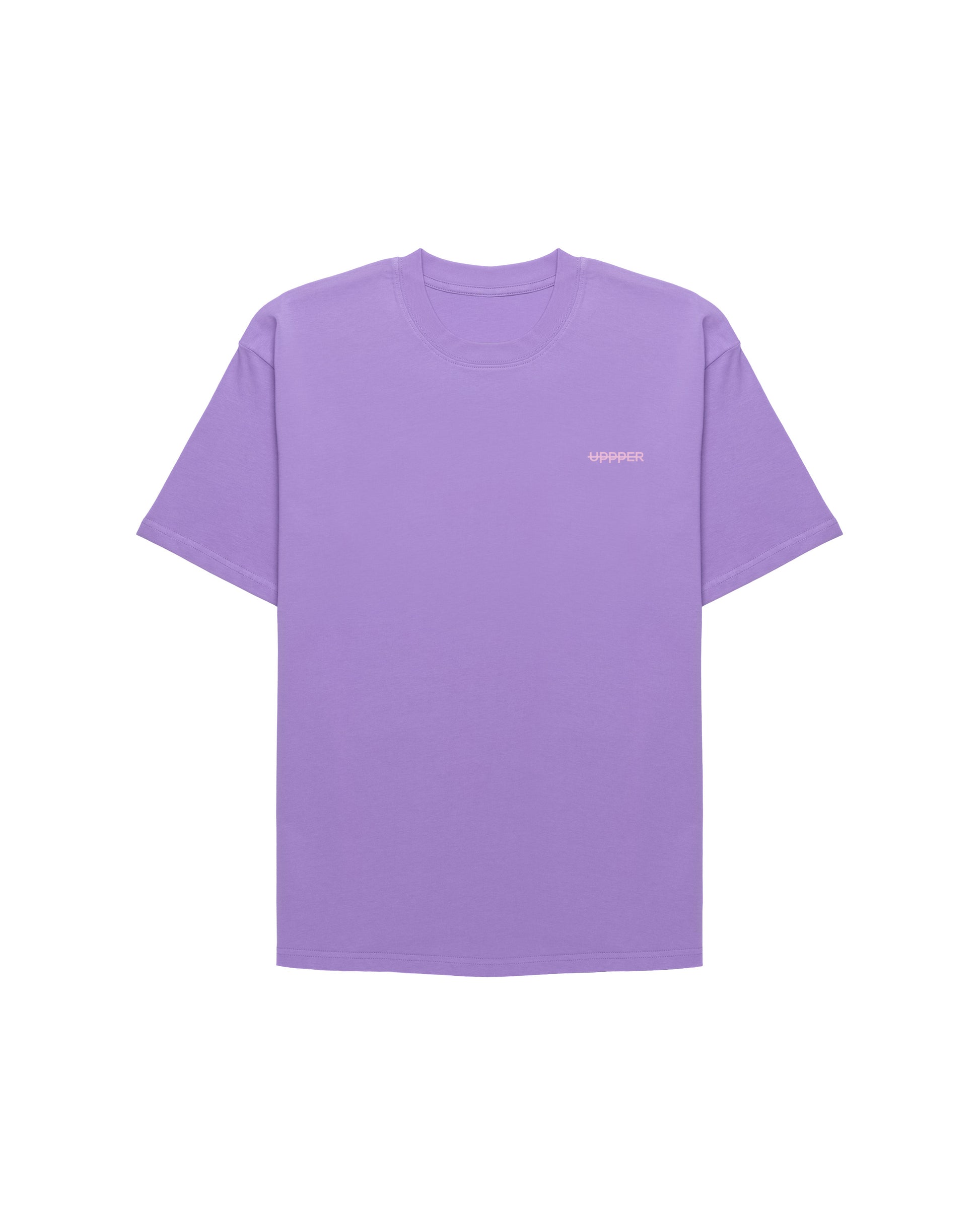 front of lavender ftn t-shirt with small uppper u logo on chest on white background