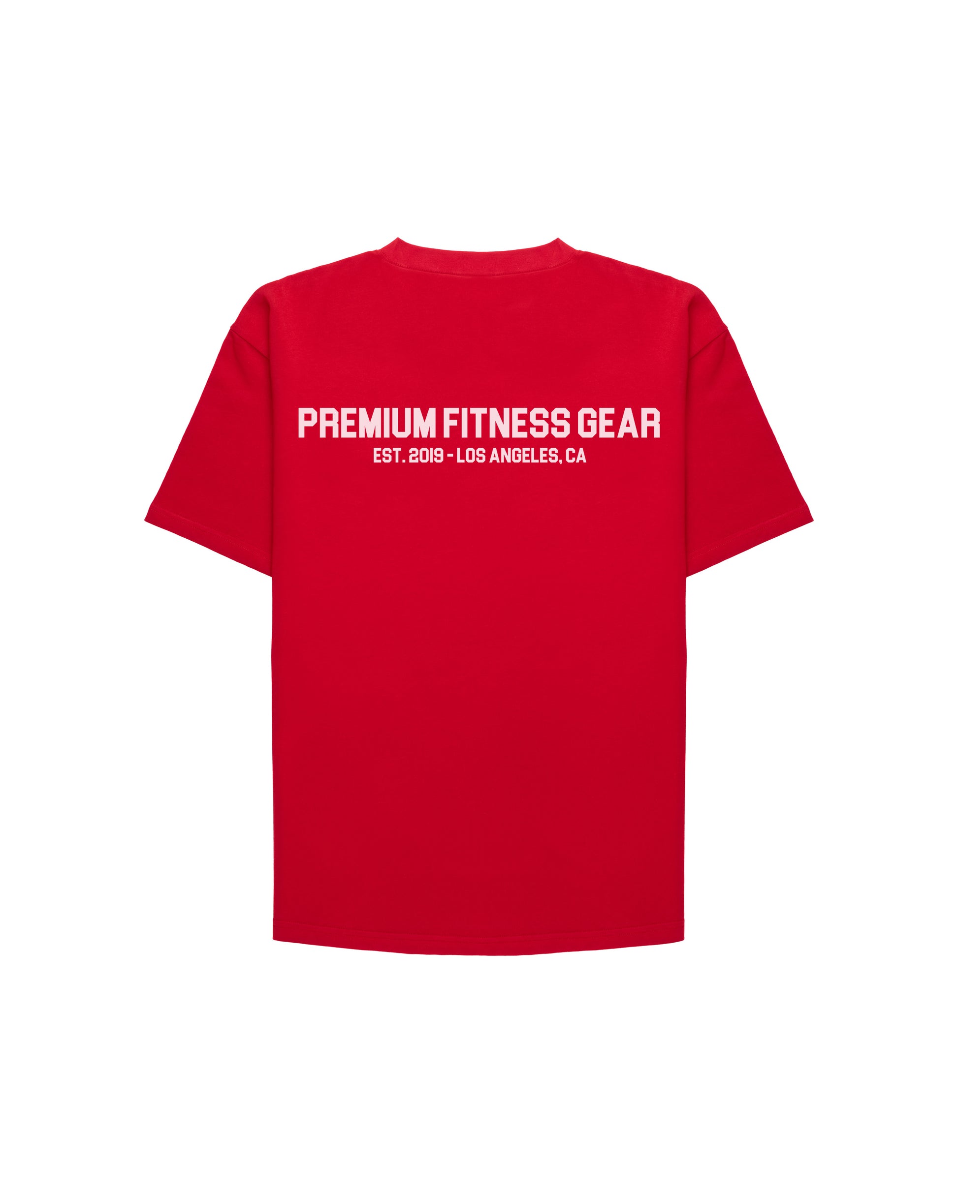 back of red uppper t-shirt with premium fitness logo on white background