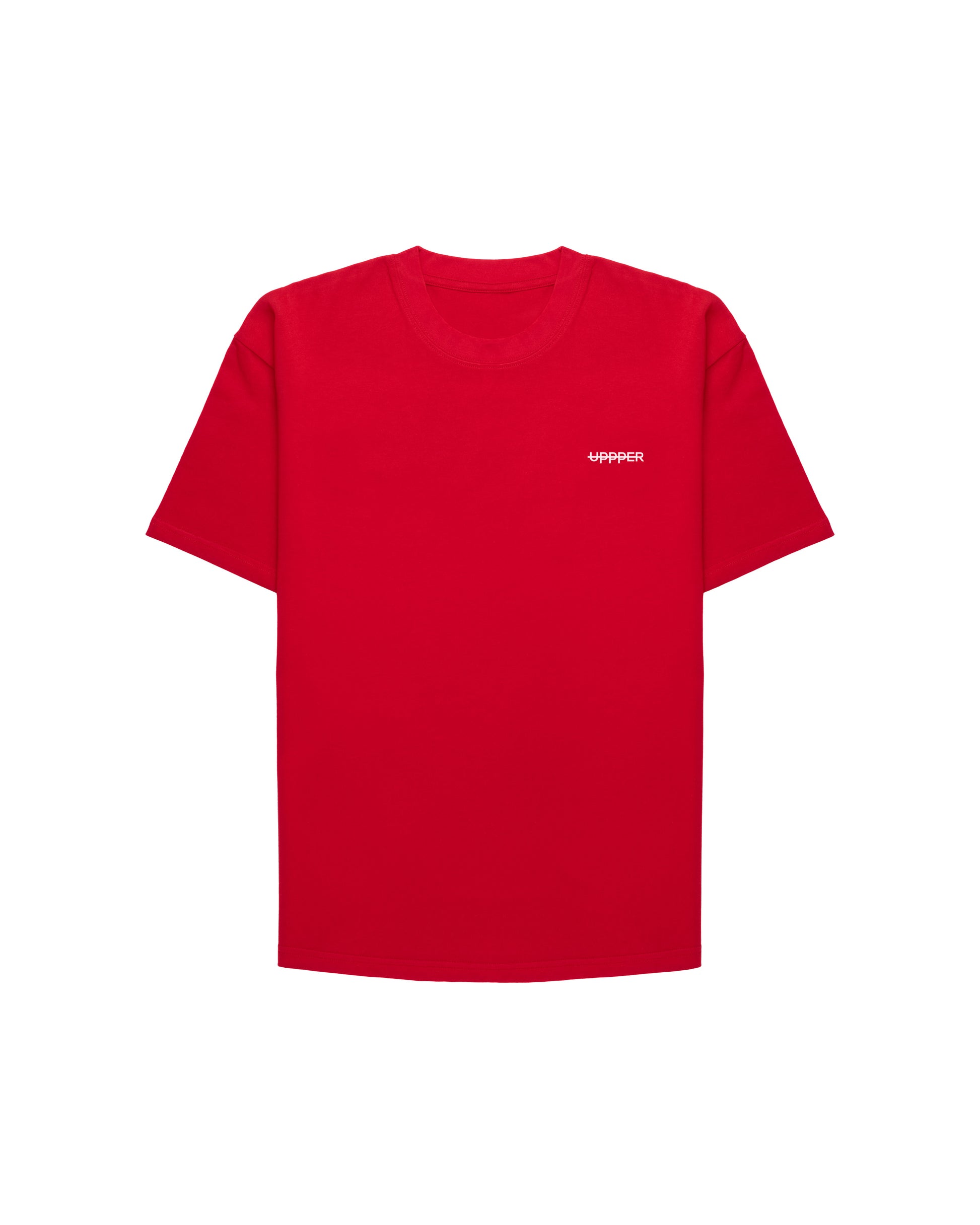 front of red premium fitness gear t-shirt with small uppper u logo on chest on white background