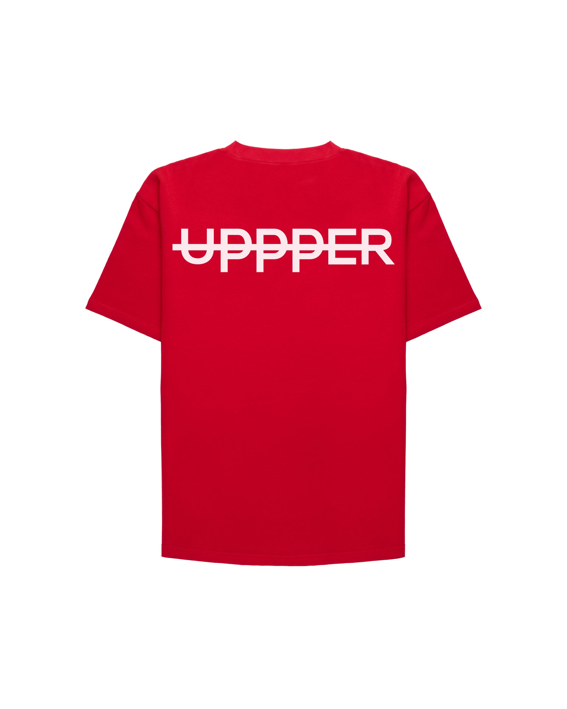 back of white oversized t-shirt with bold white uppper logo across the shoulders on white background