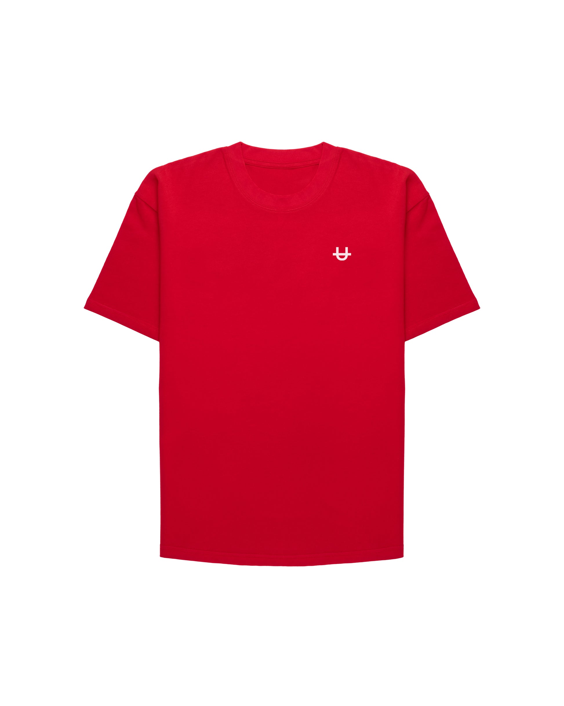 front of white oversized t-shirt with small white uppper u logo on chest on white background