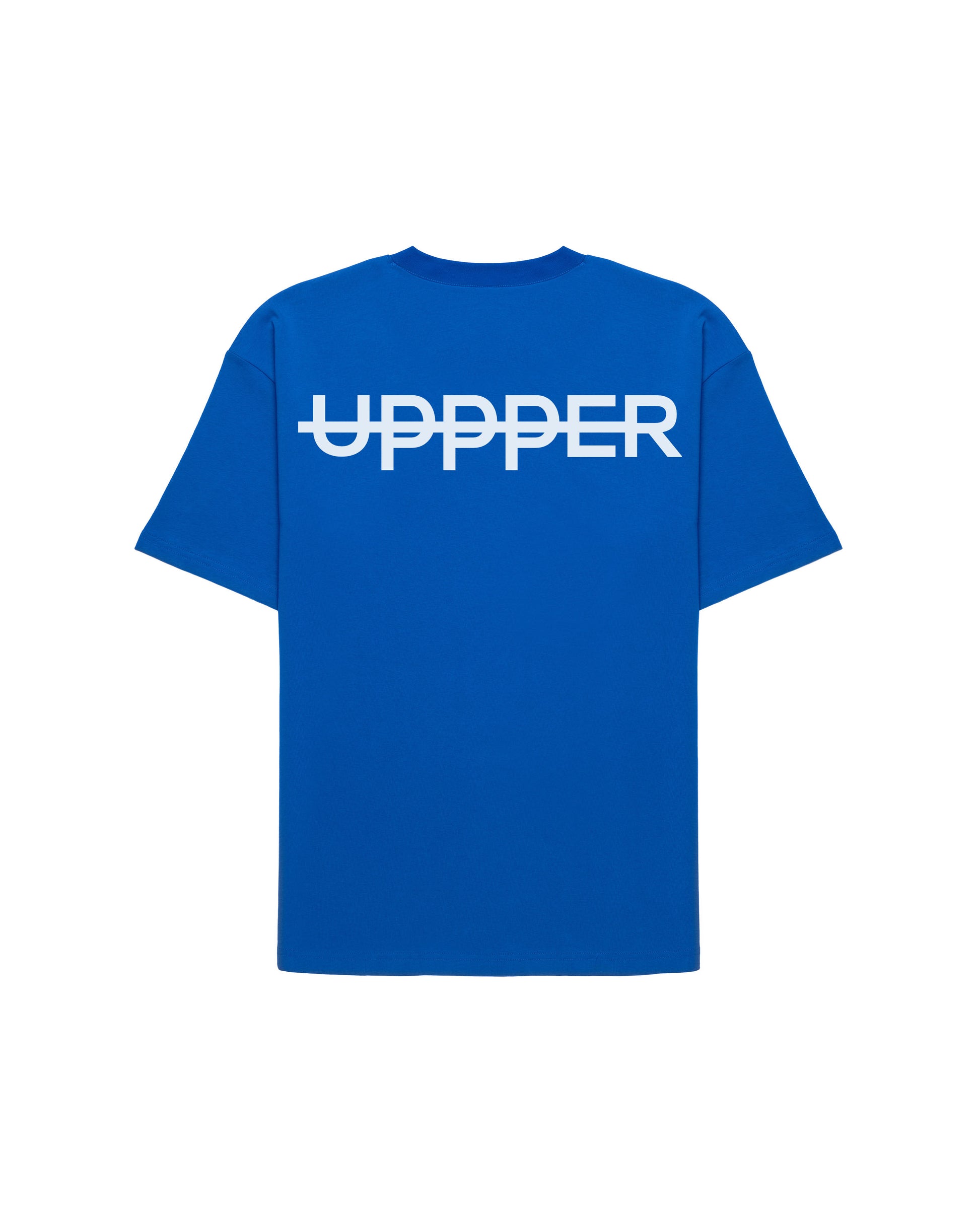 back of royal blue oversized t-shirt with bold white uppper logo across the shoulders on white background