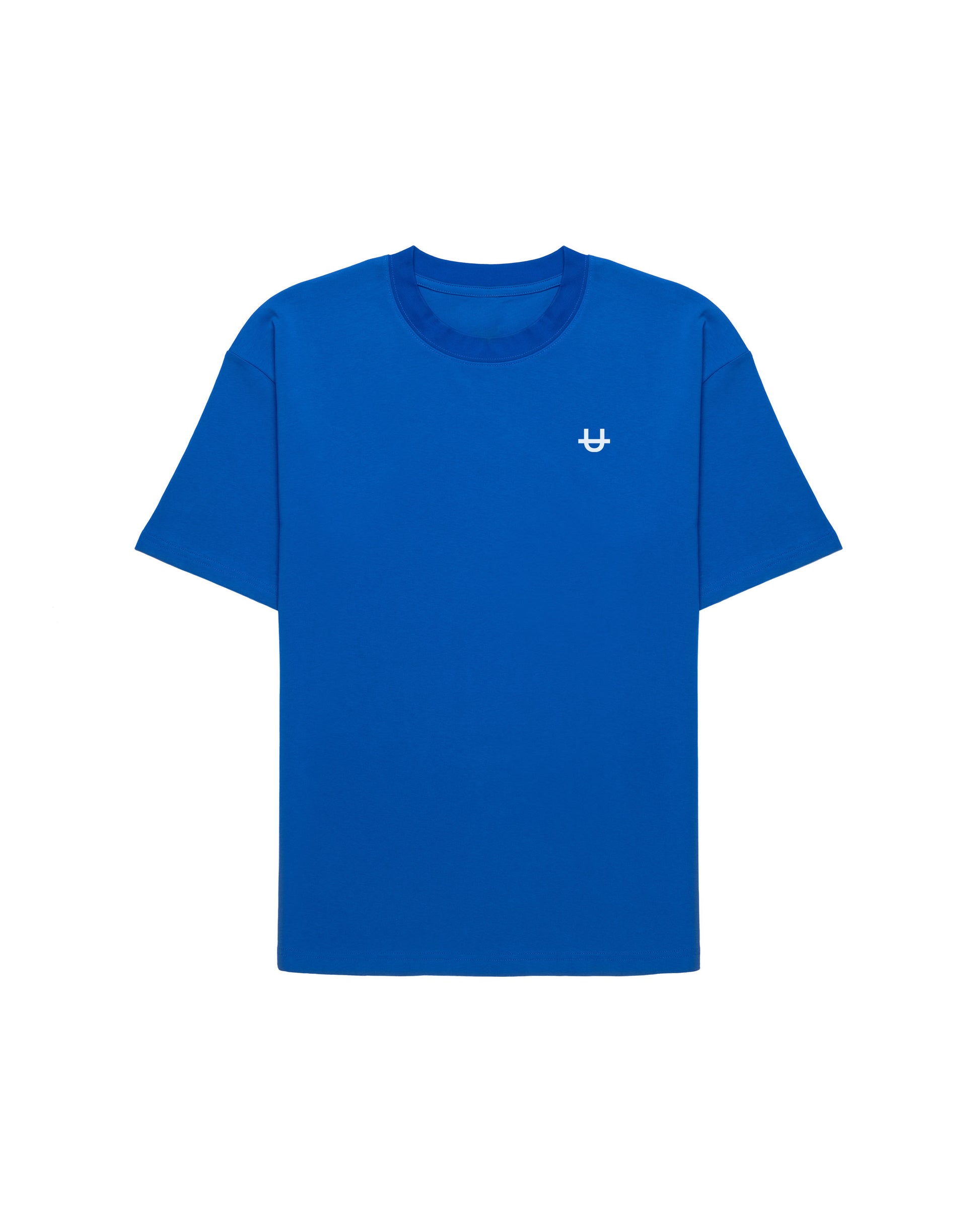front of royal blue oversized t-shirt with small white uppper u logo on chest on white background