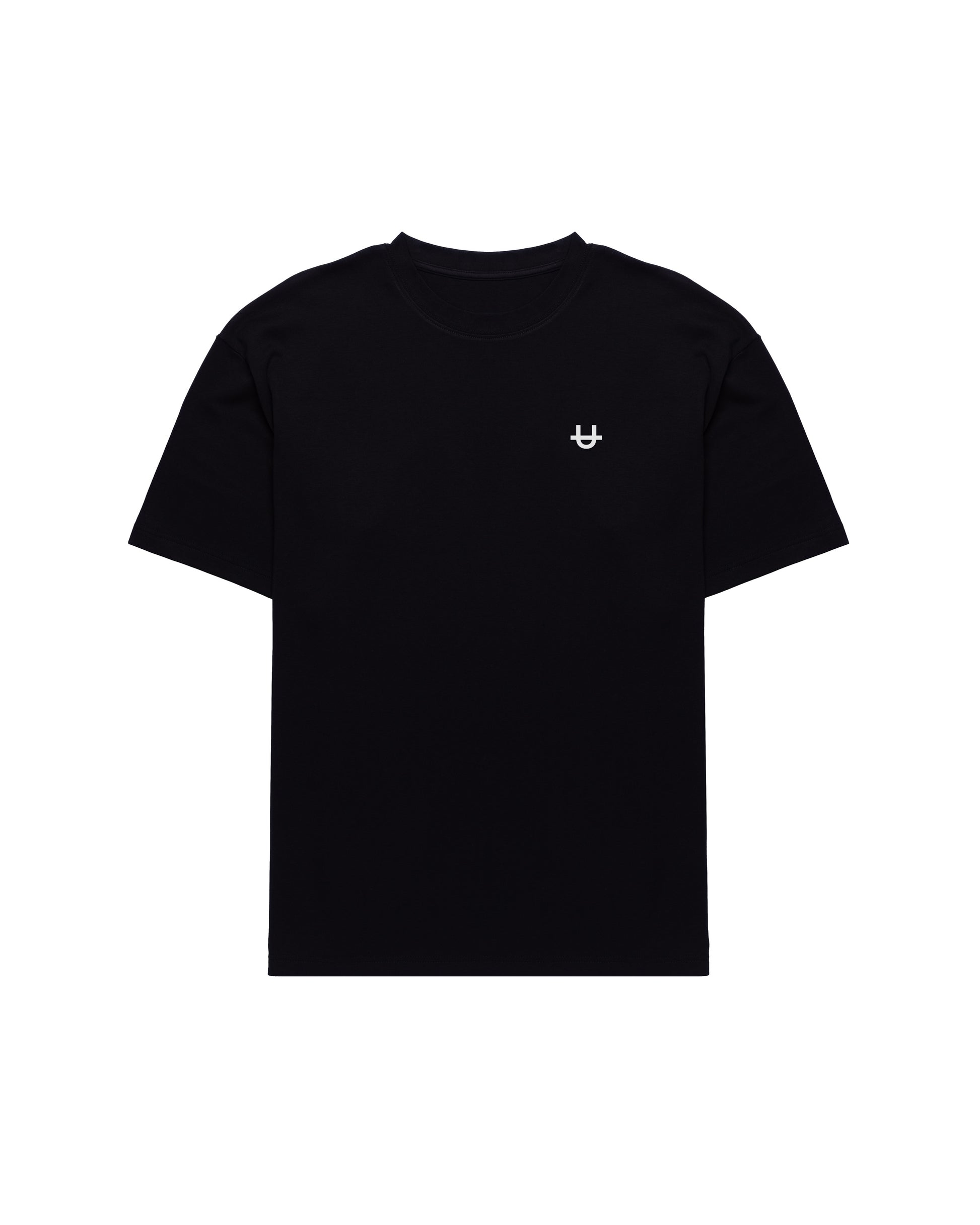 black soft stretch t-shirt with small uppper u logo on chest on white background