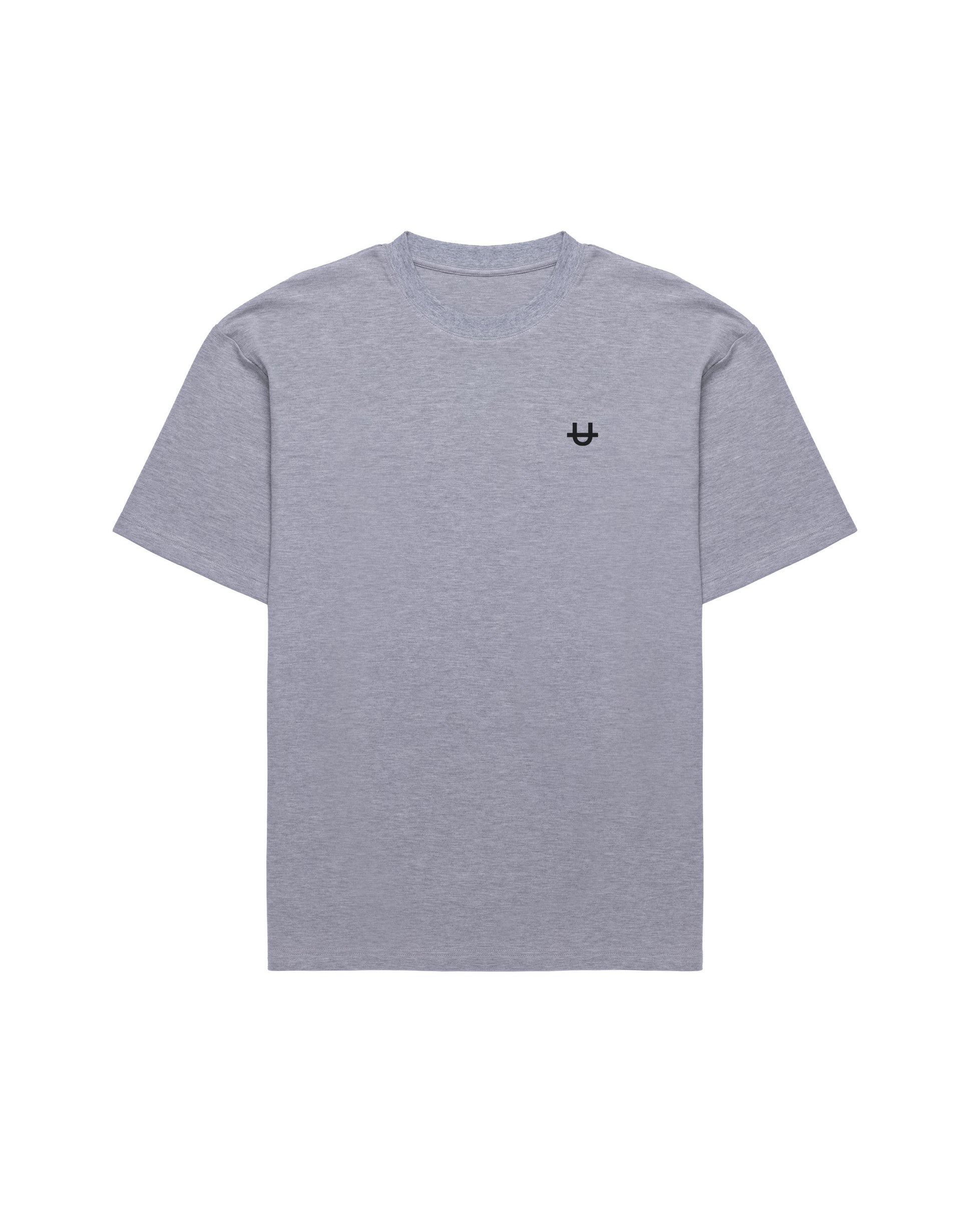 heather grey soft stretch t-shirt with small uppper u logo on chest on white background