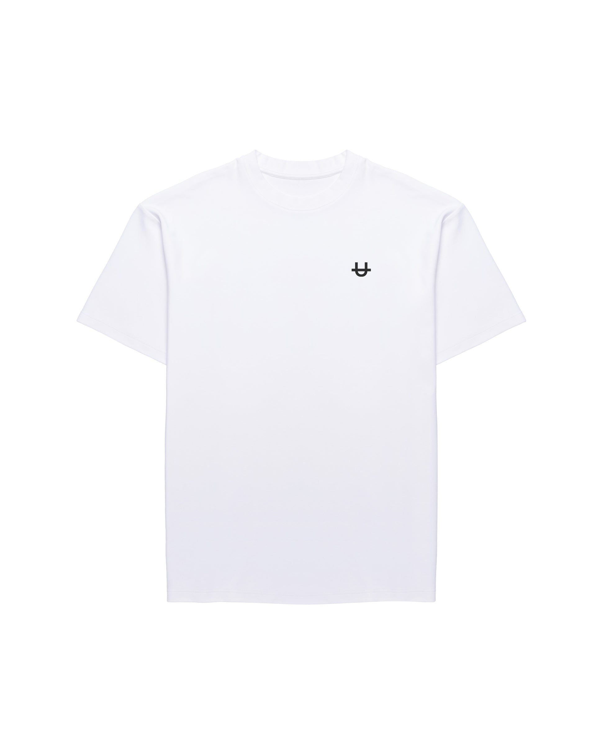 white soft stretch t-shirt with small uppper u logo on chest on white background
