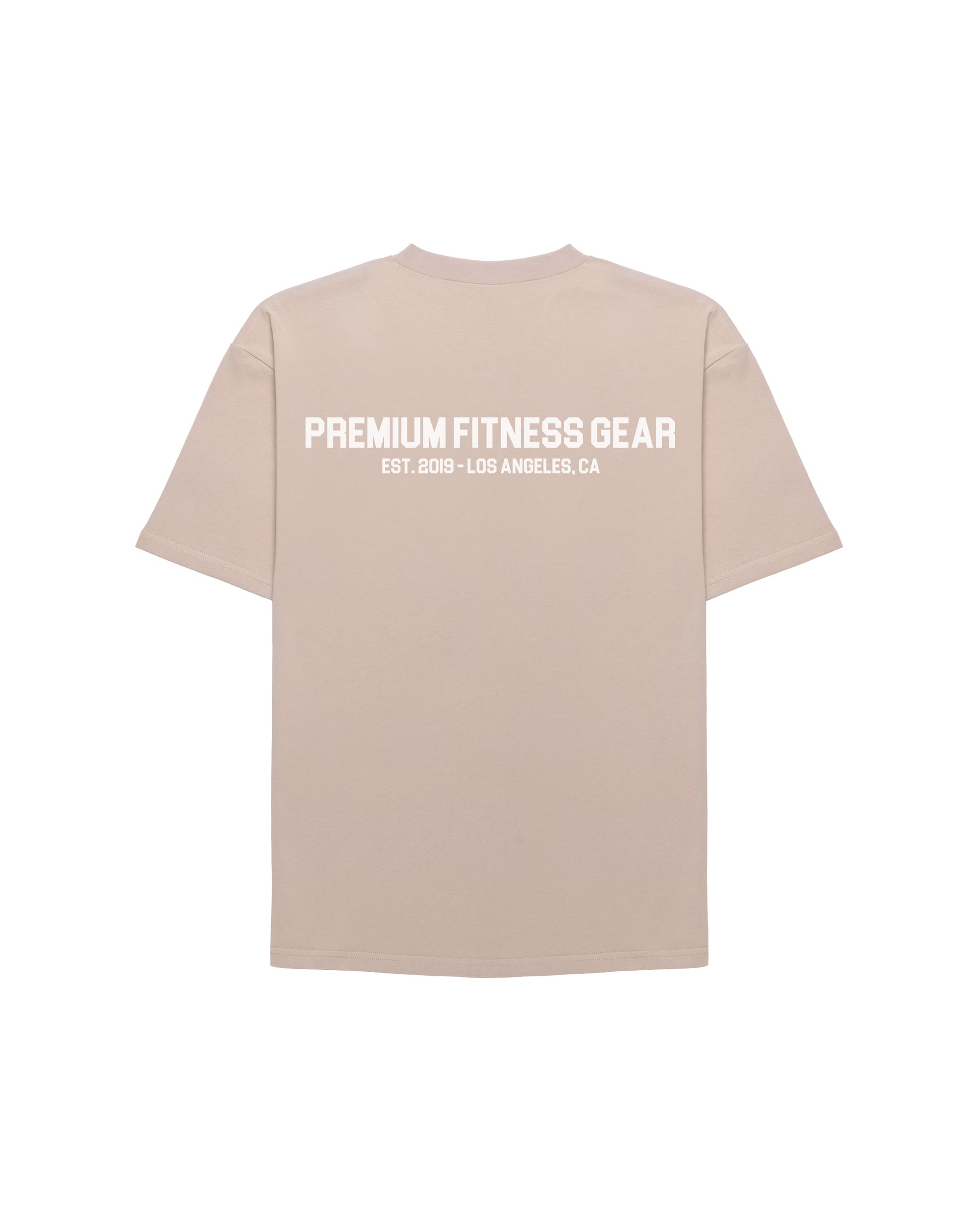 back of tan uppper t-shirt with premium fitness gear est 2019 los angeles ca text on white background