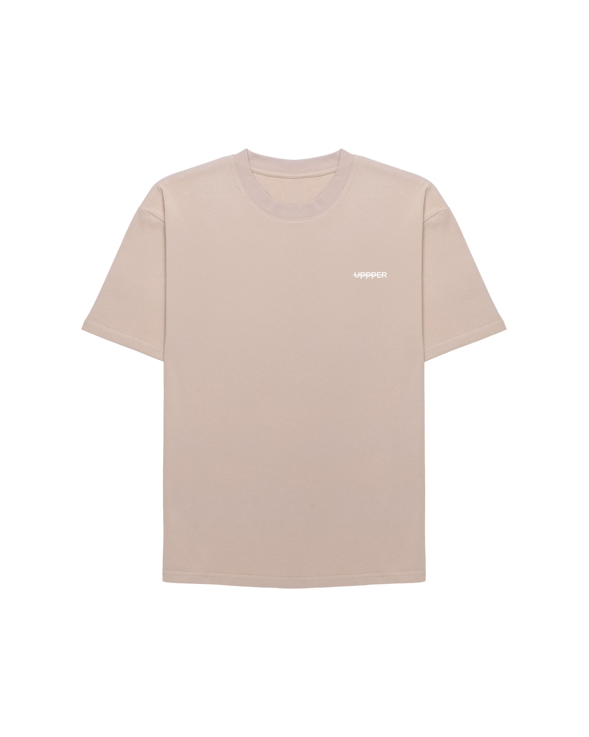 front of tan pfg t-shirt with small uppper u logo on chest on white background