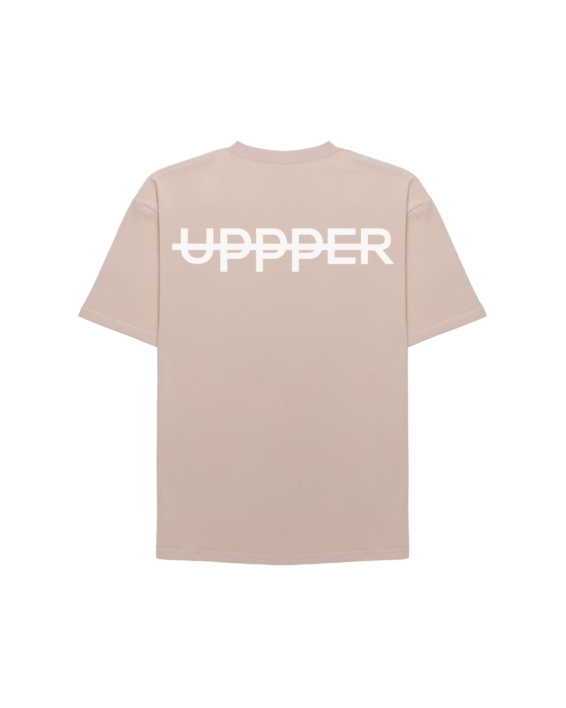back of tan oversized t-shirt with bold white uppper logo across the shoulders on white background