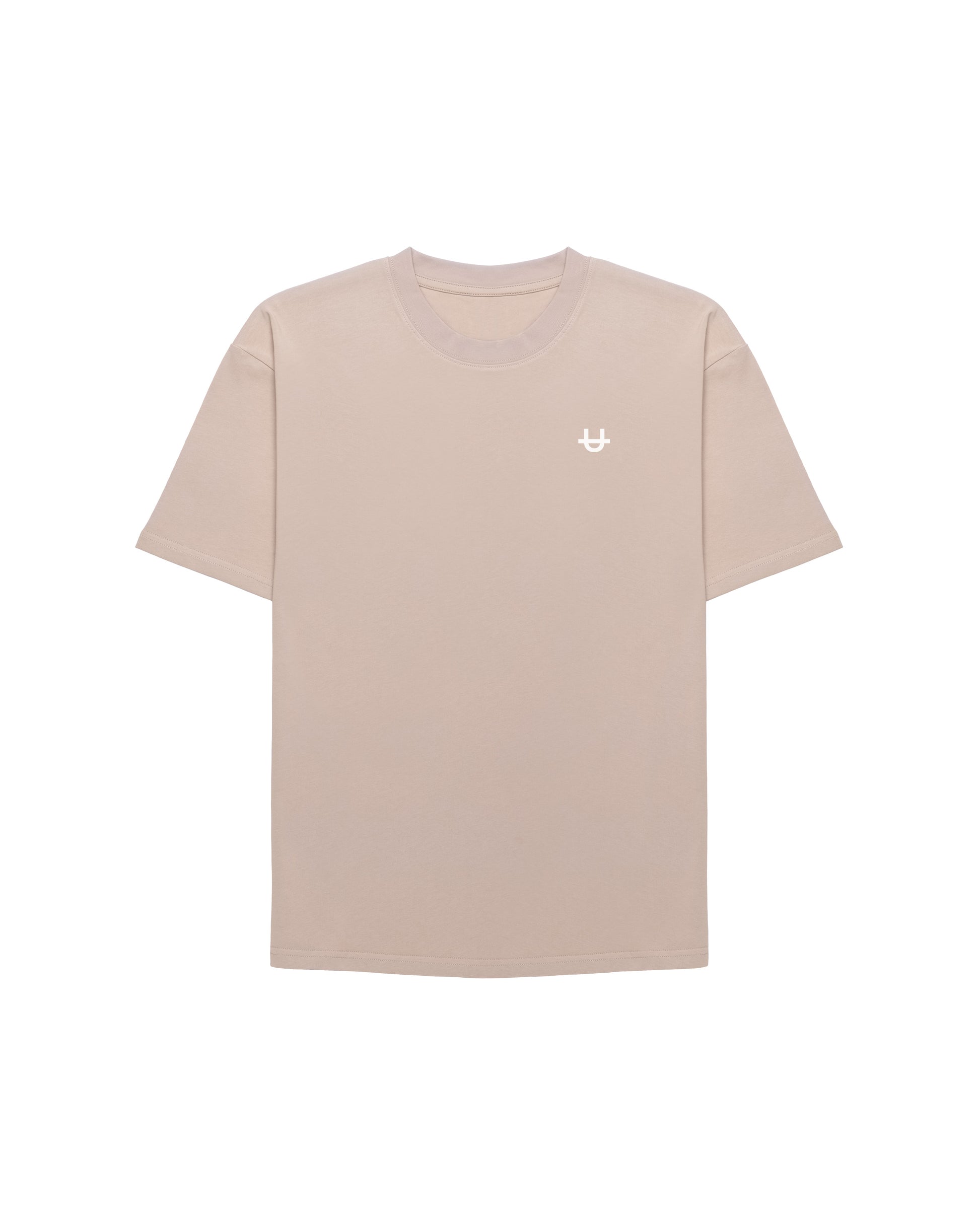front of tan oversized t-shirt with small white u logo on chest on white background