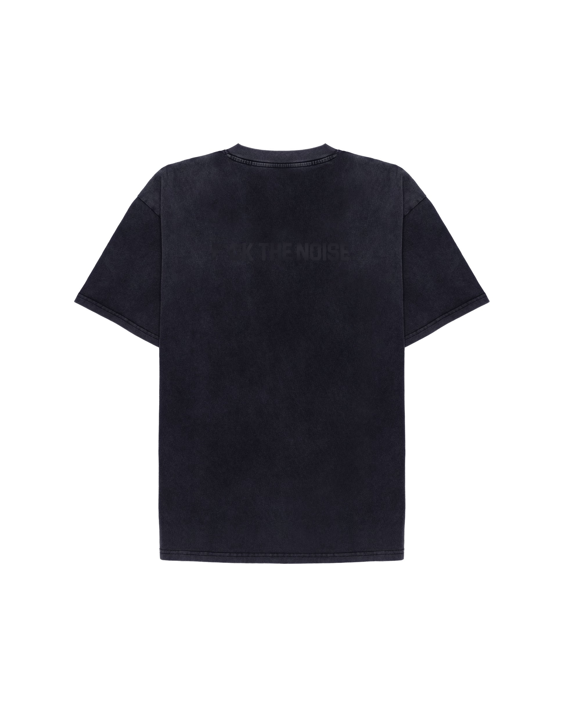 back of washed black ftn t-shirt with uppper graphic on white background