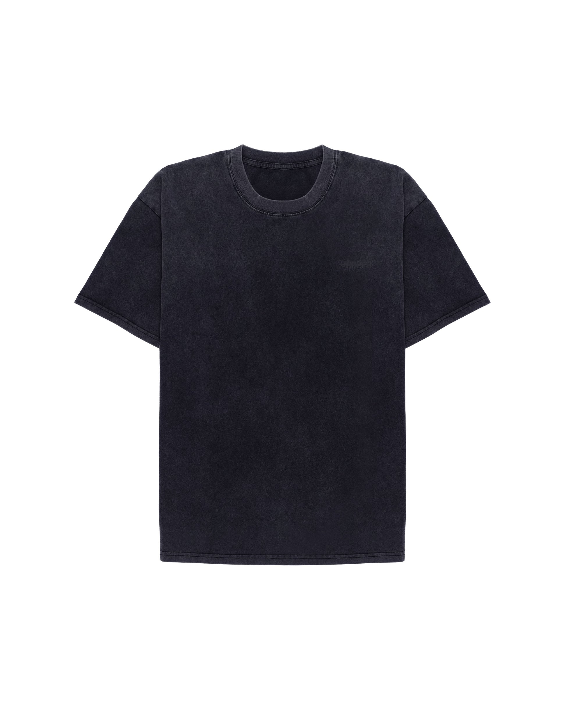 front of washed black ftn t-shirt with small uppper u logo on chest on white background