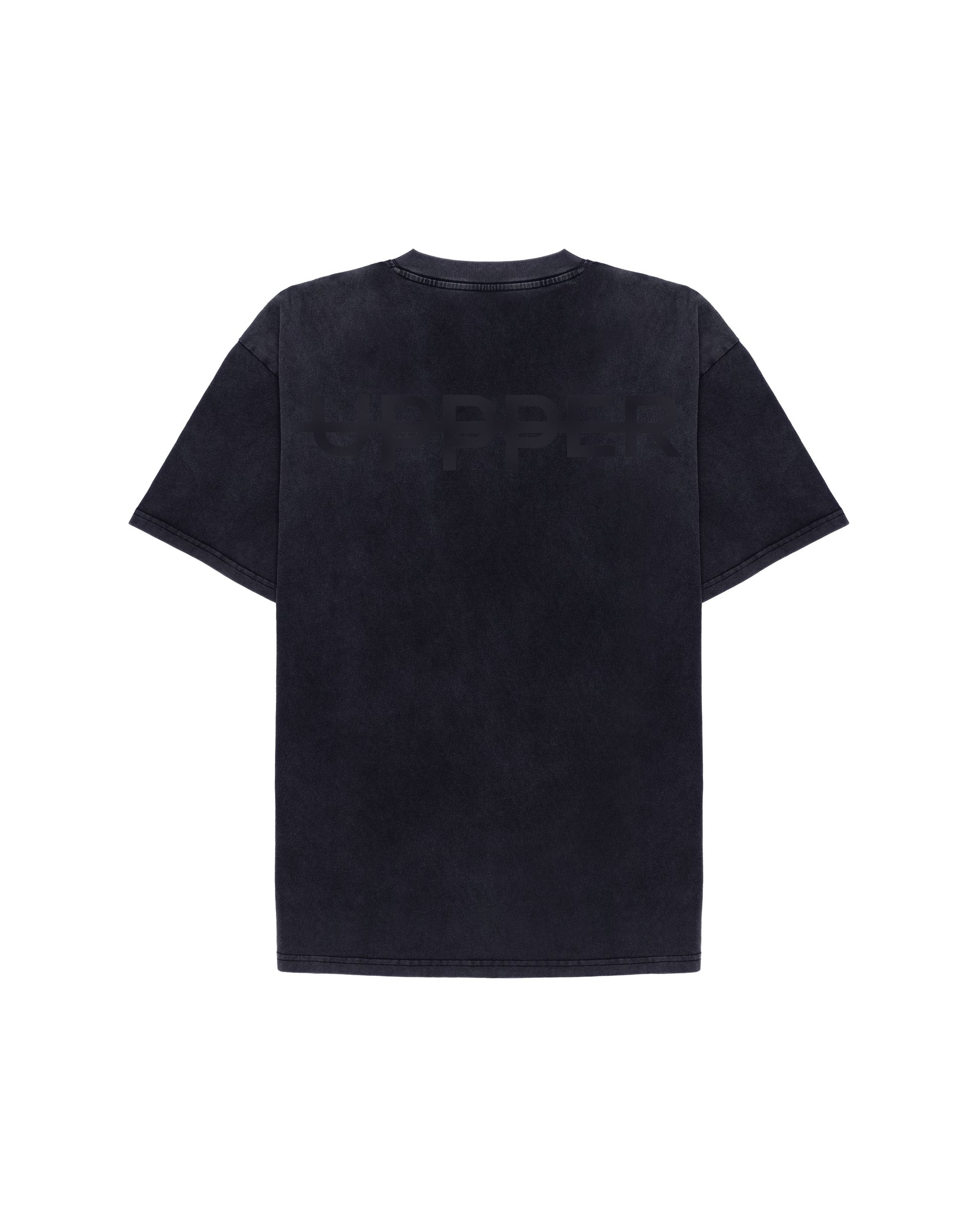 back of washed black oversized t-shirt with bold white uppper logo across the shoulders on white background
