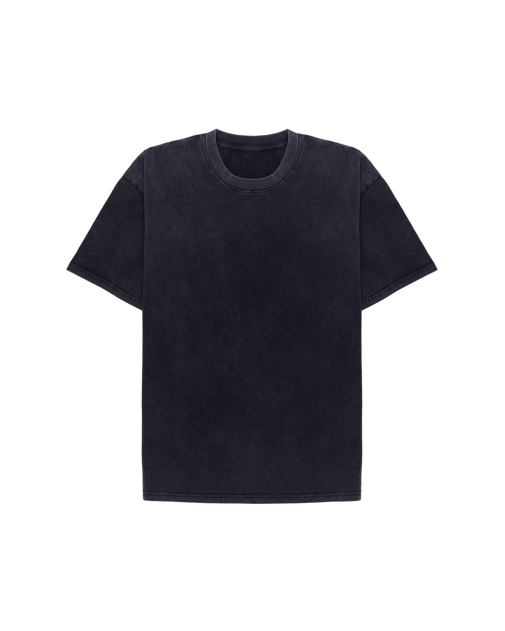 front of washed black oversized t-shirt with small white uppper u logo on chest on white background