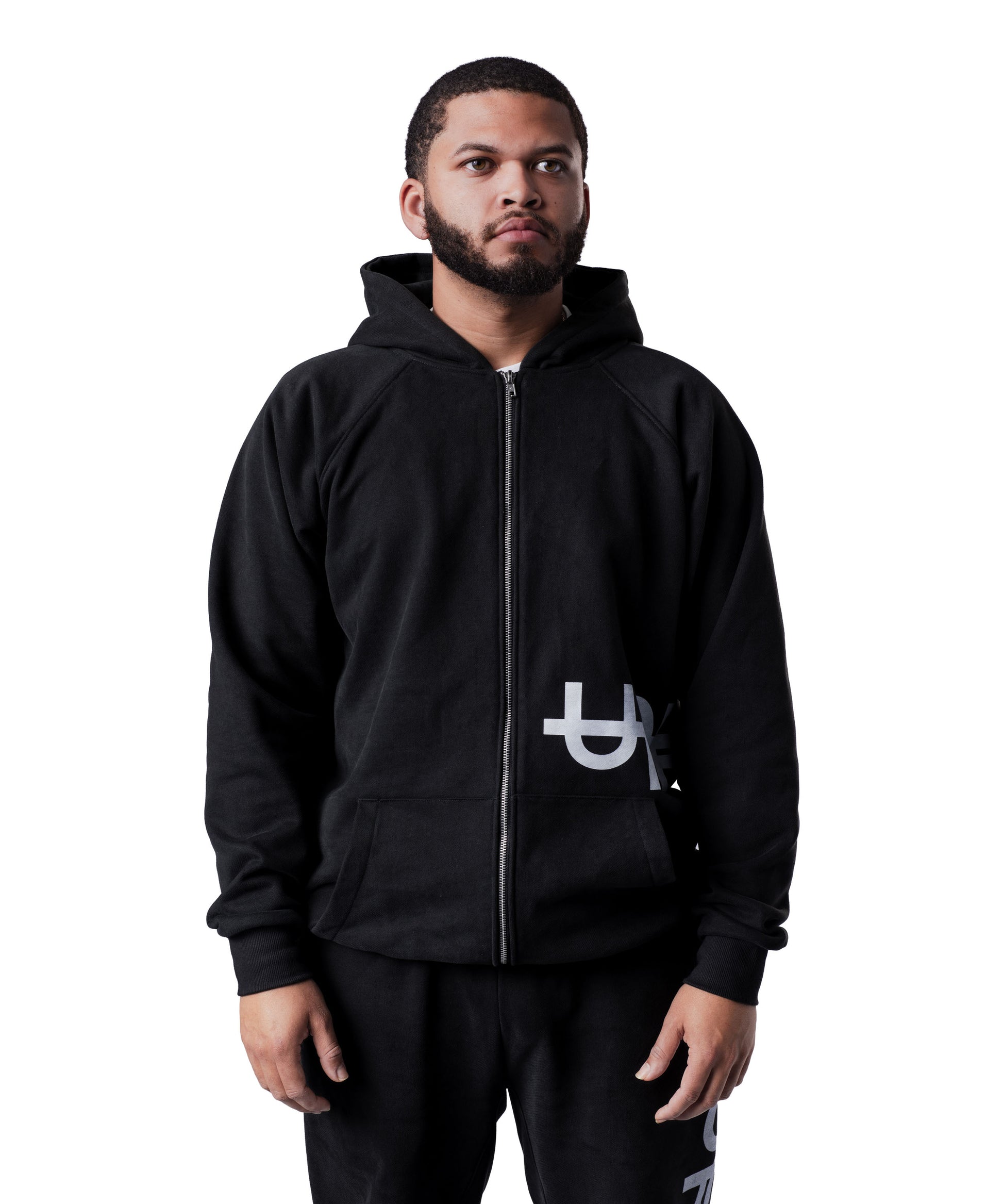 front of washed black uppper double zip hoodie mens on white background