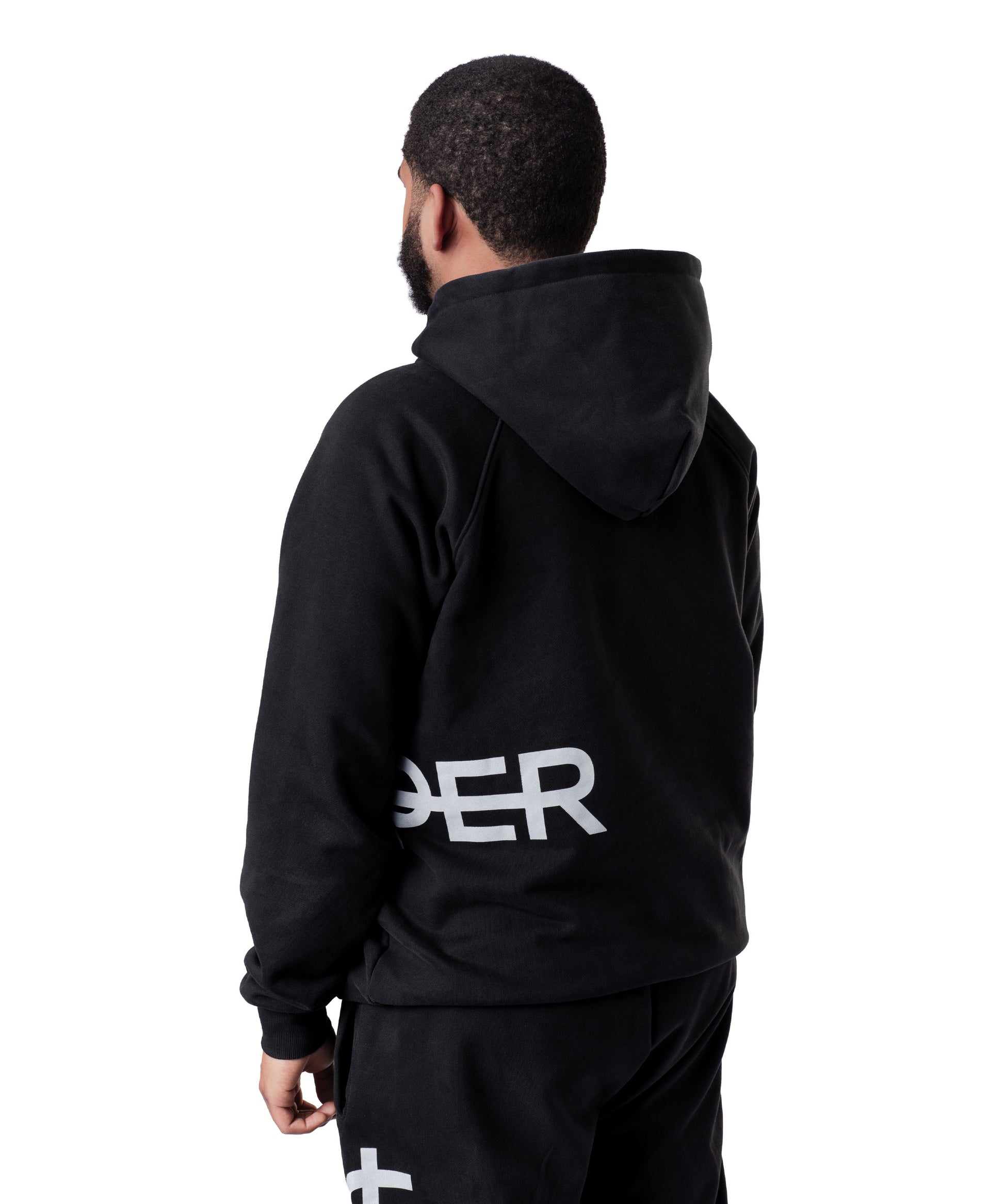 back of washed black uppper double zip hoodie mens on white background