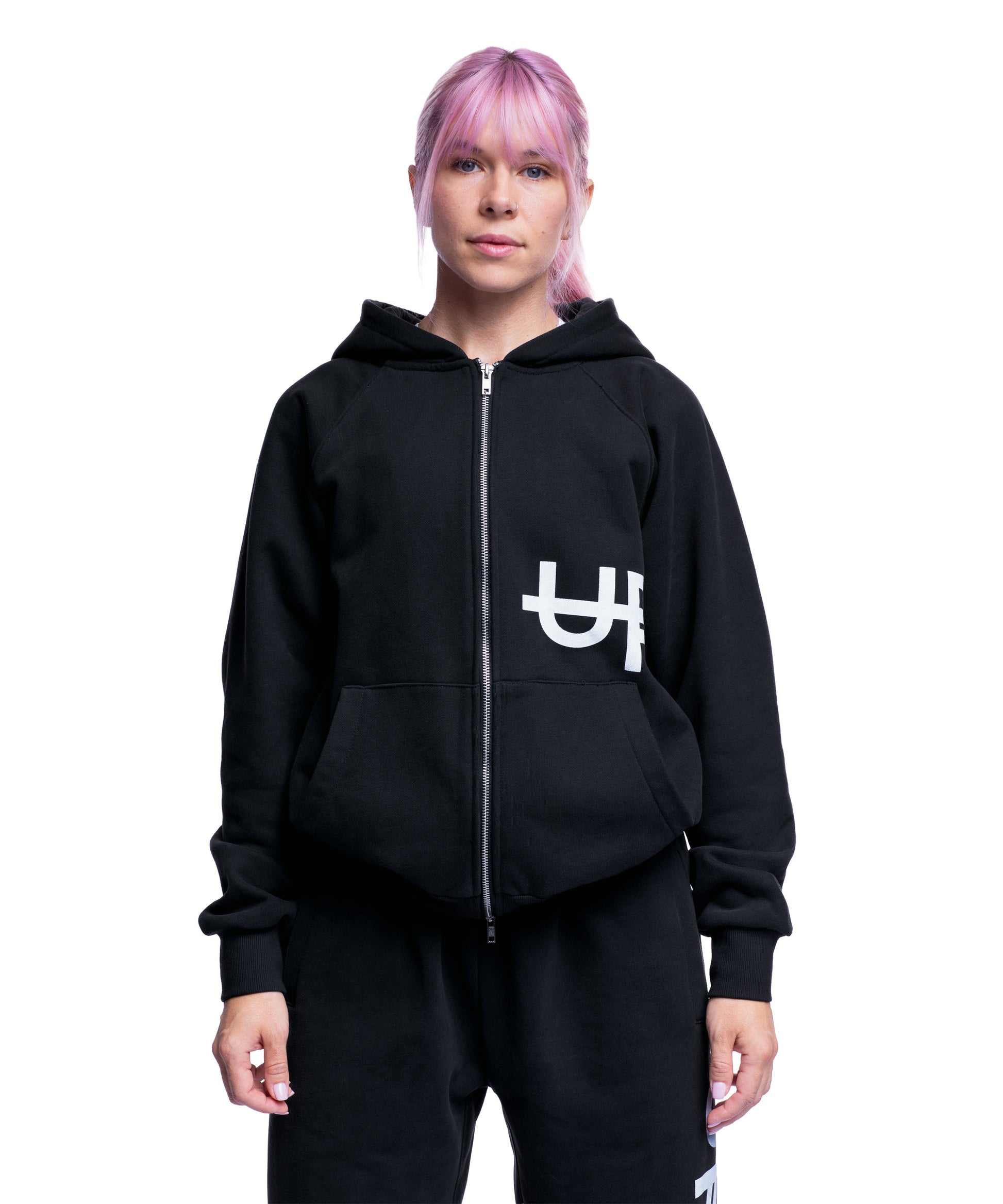 front of washed black uppper double zip hoodie womens on white background