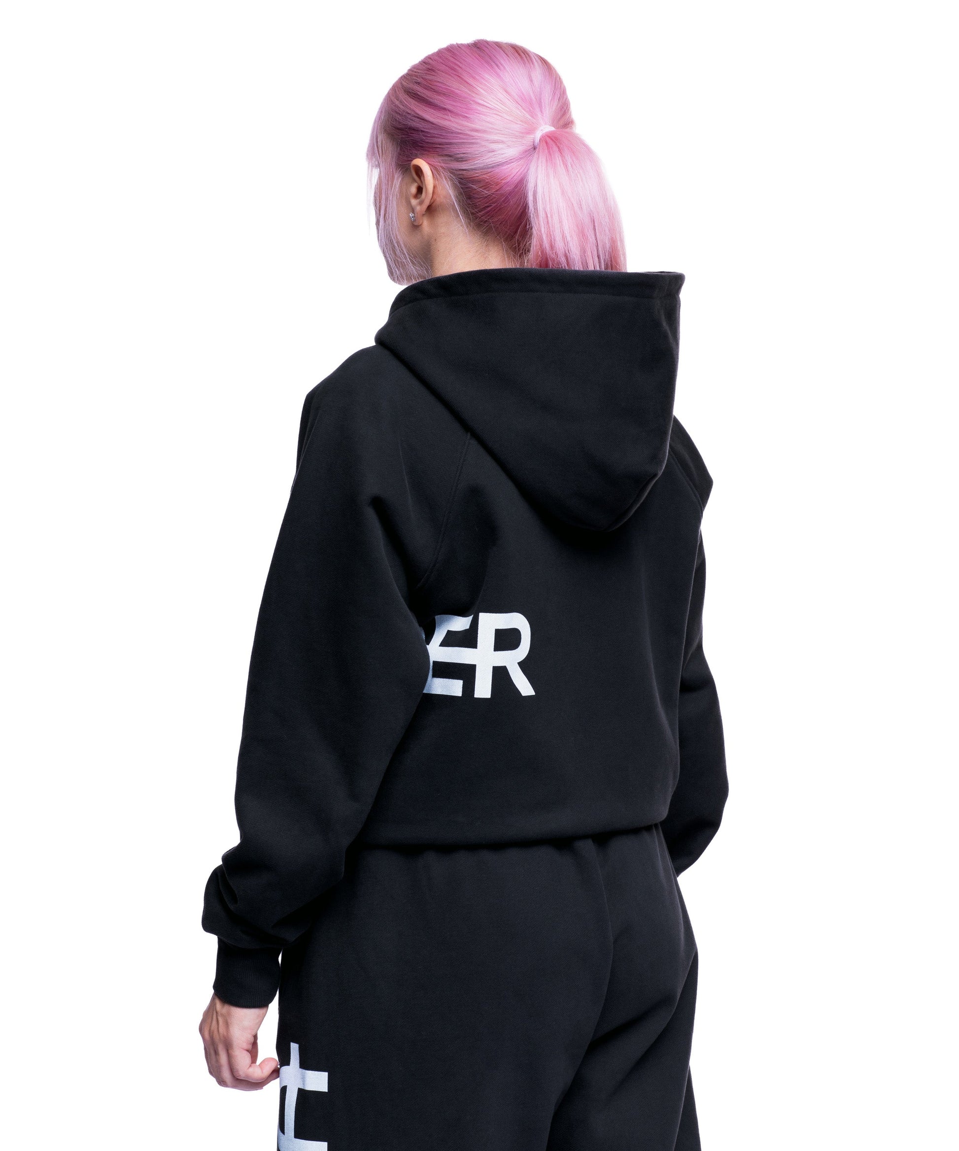 model wearing washed black uppper double zip hoodie womens
