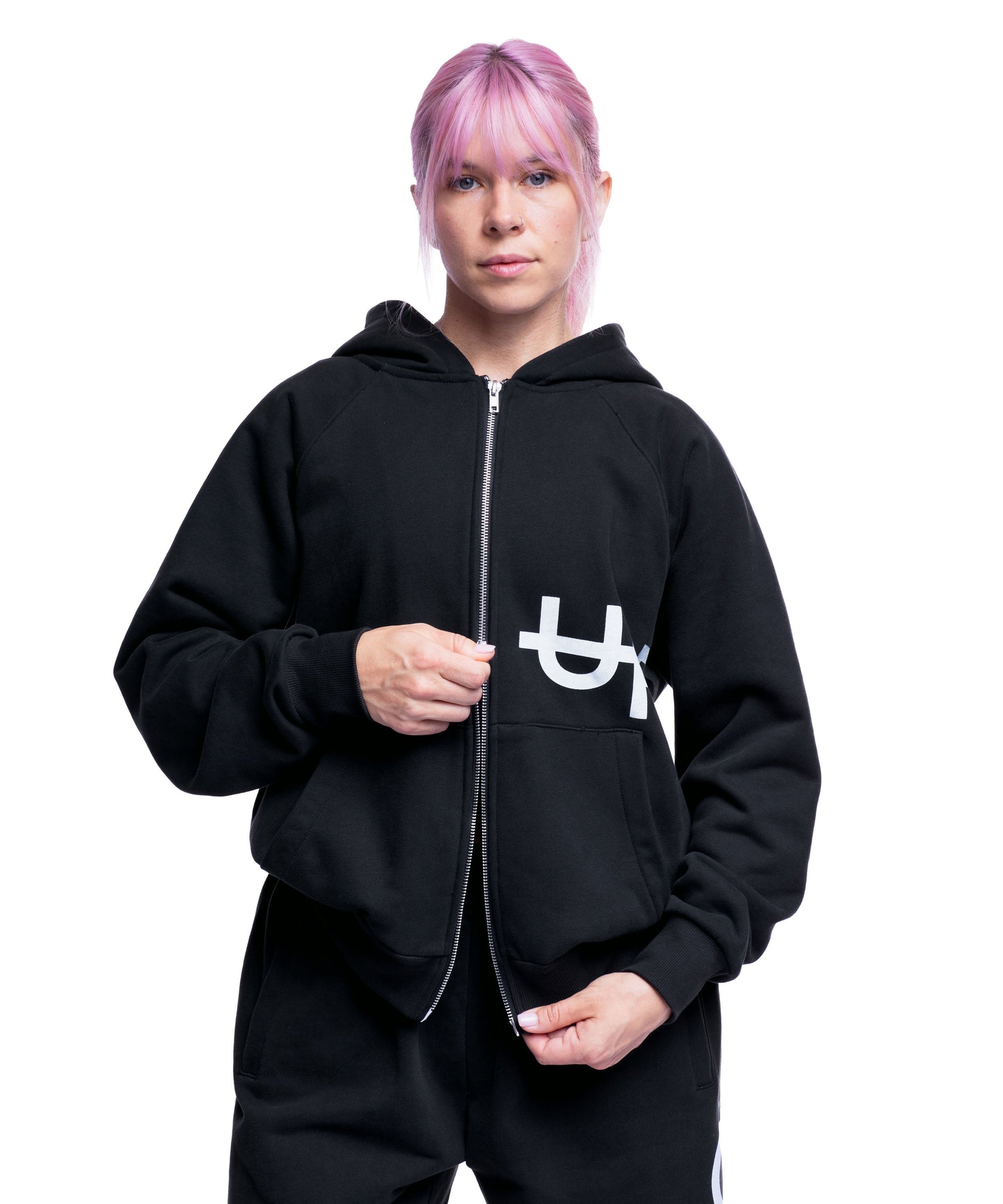 back of washed black uppper double zip hoodie womens on white background