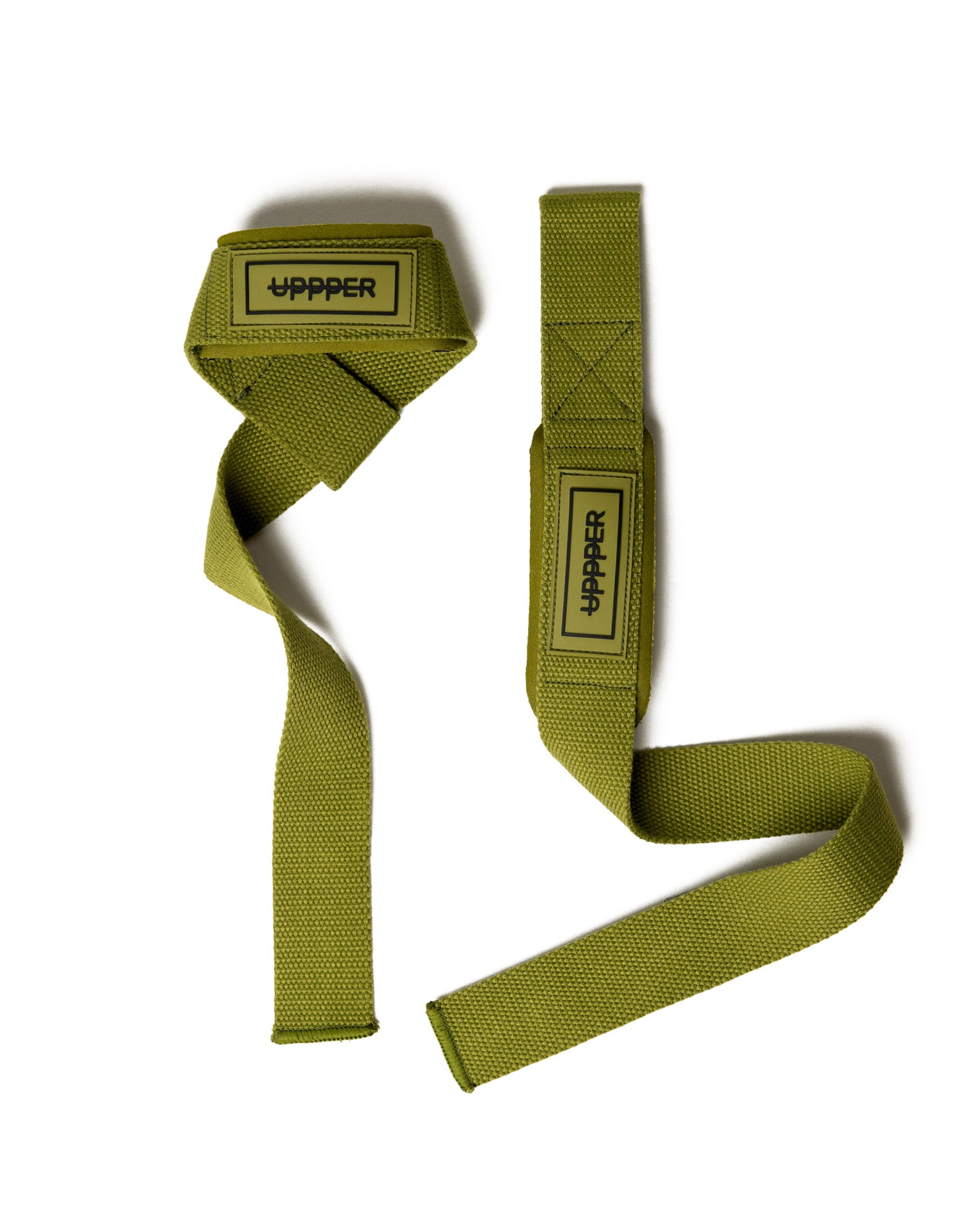 pair of khaki uppper lifting straps flat lay on white background