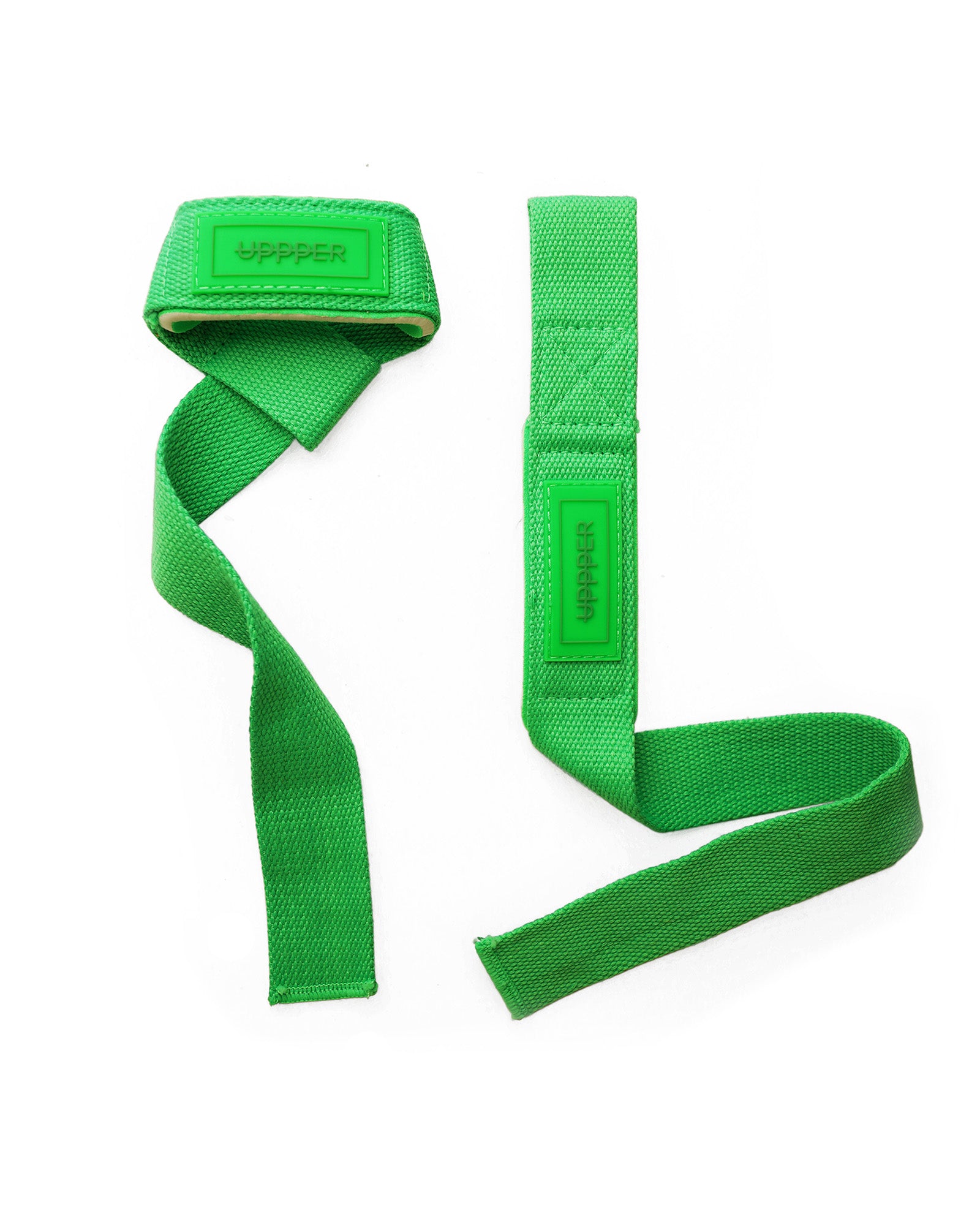 pair of neon green uppper lifting straps flat lay on white background